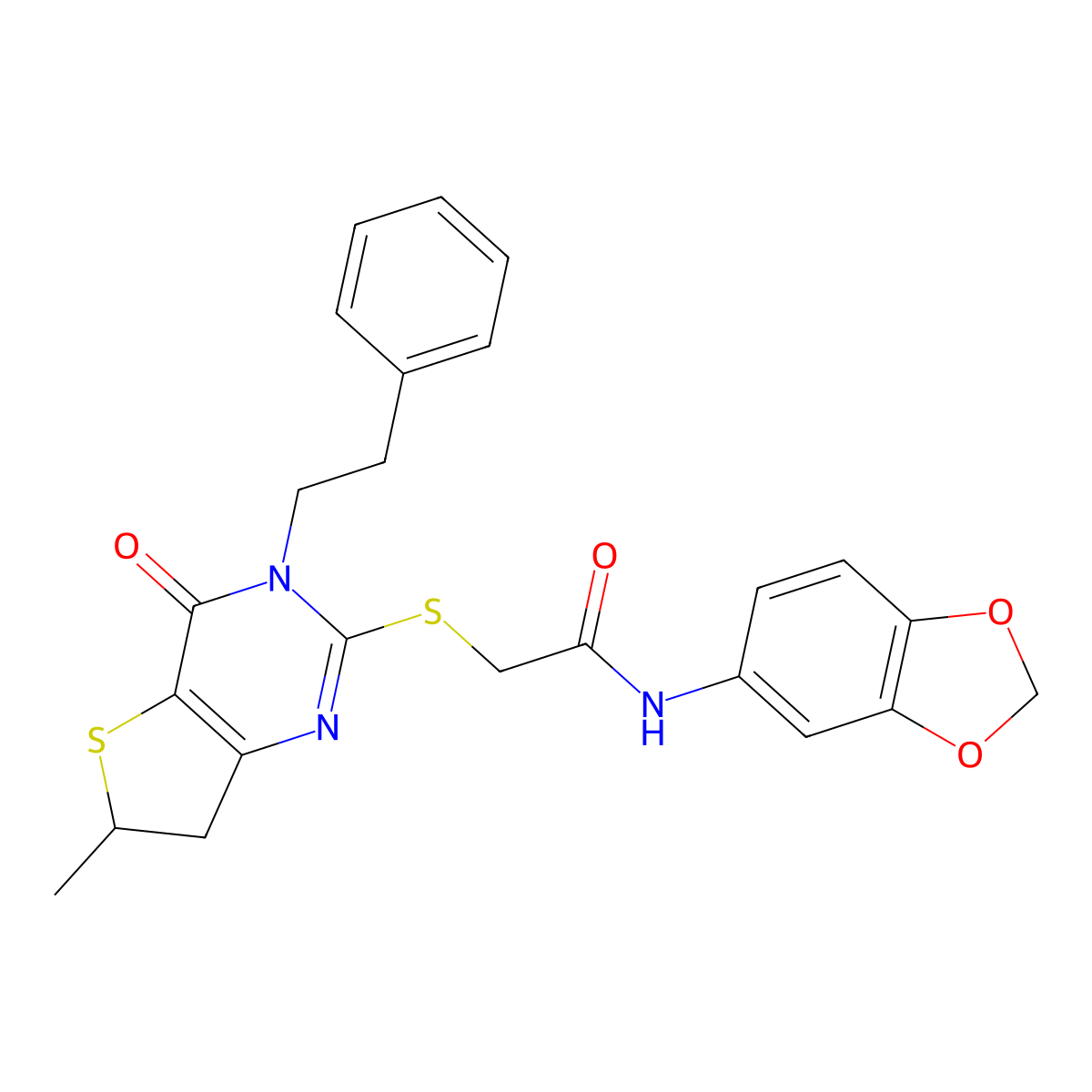 N-(benzo[d][1,3]dioxol-5-yl)-2-((6-methyl-4-oxo-3-phenethyl-3,4,6,7-tetrahydrothieno[3,2-d]pyrimidin-2-yl)thio)acetamide molecular structure, CAS 862825-15-8
