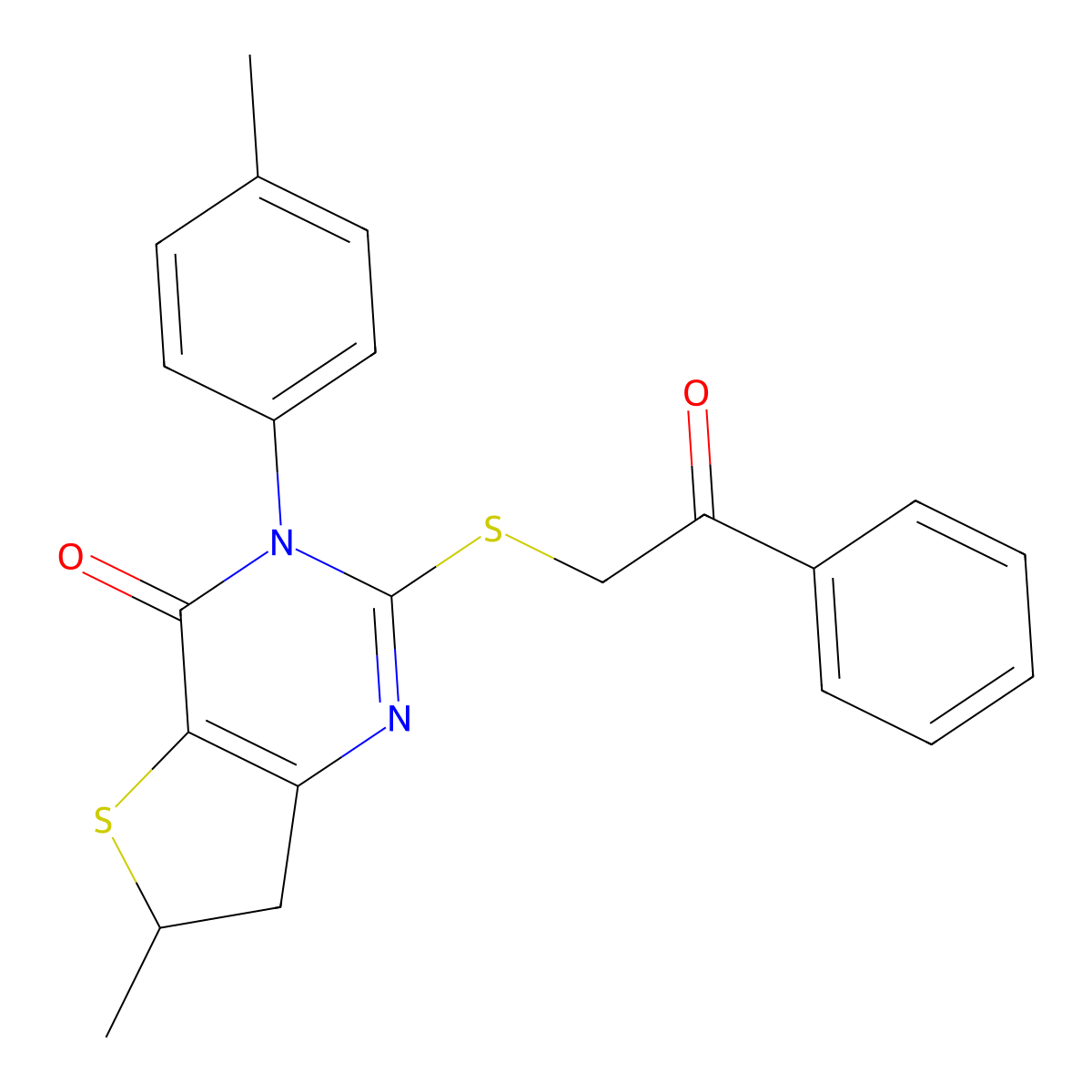 6-Methyl-3-(4-methylphenyl)-2-phenacylsulfanyl-6,7-dihydrothieno[3,2-d]pyrimidin-4-one molecular structure, CAS 862825-40-9