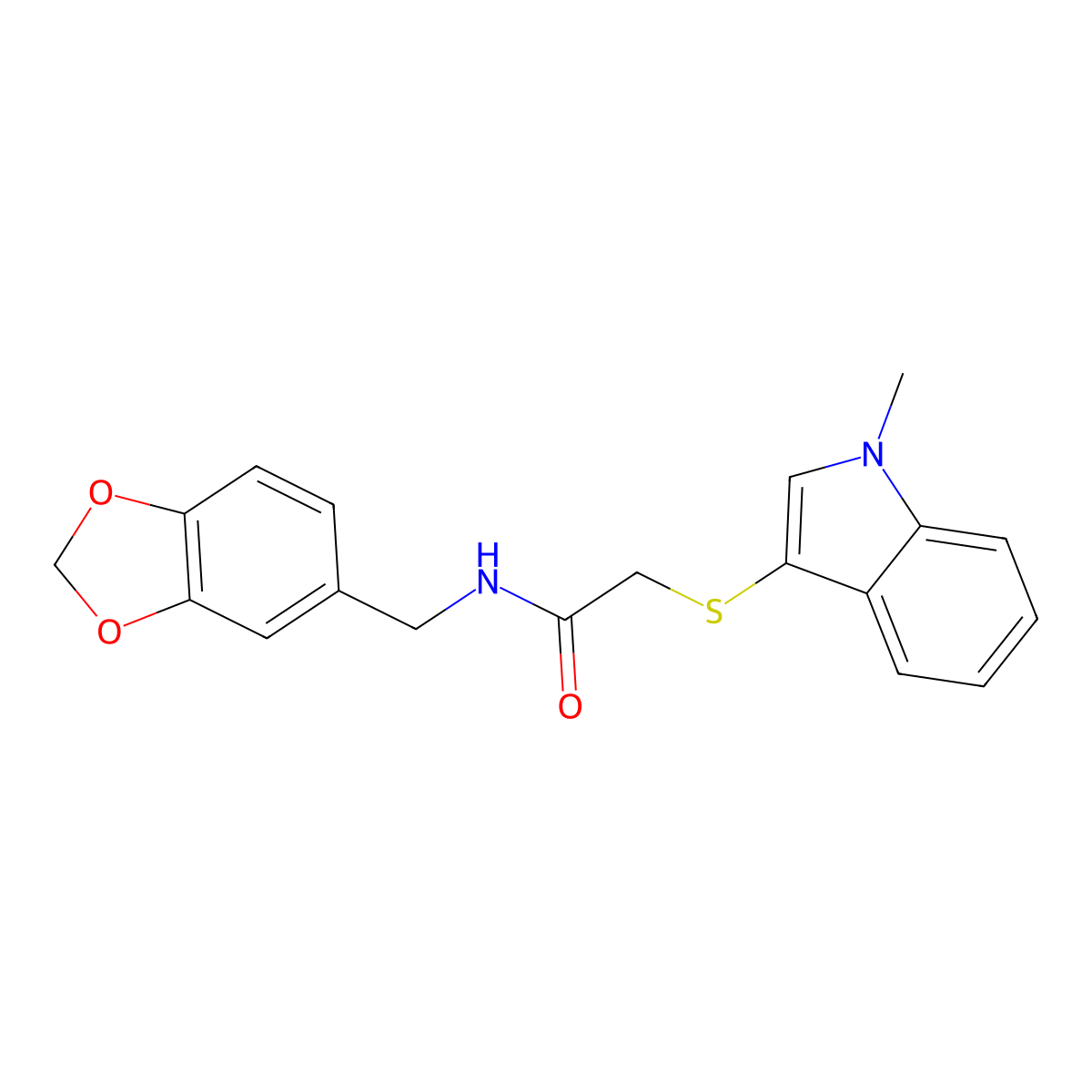 N-(1,3-benzodioxol-5-ylmethyl)-2-(1-methylindol-3-yl)sulfanylacetamide molecular structure, CAS 862825-64-7