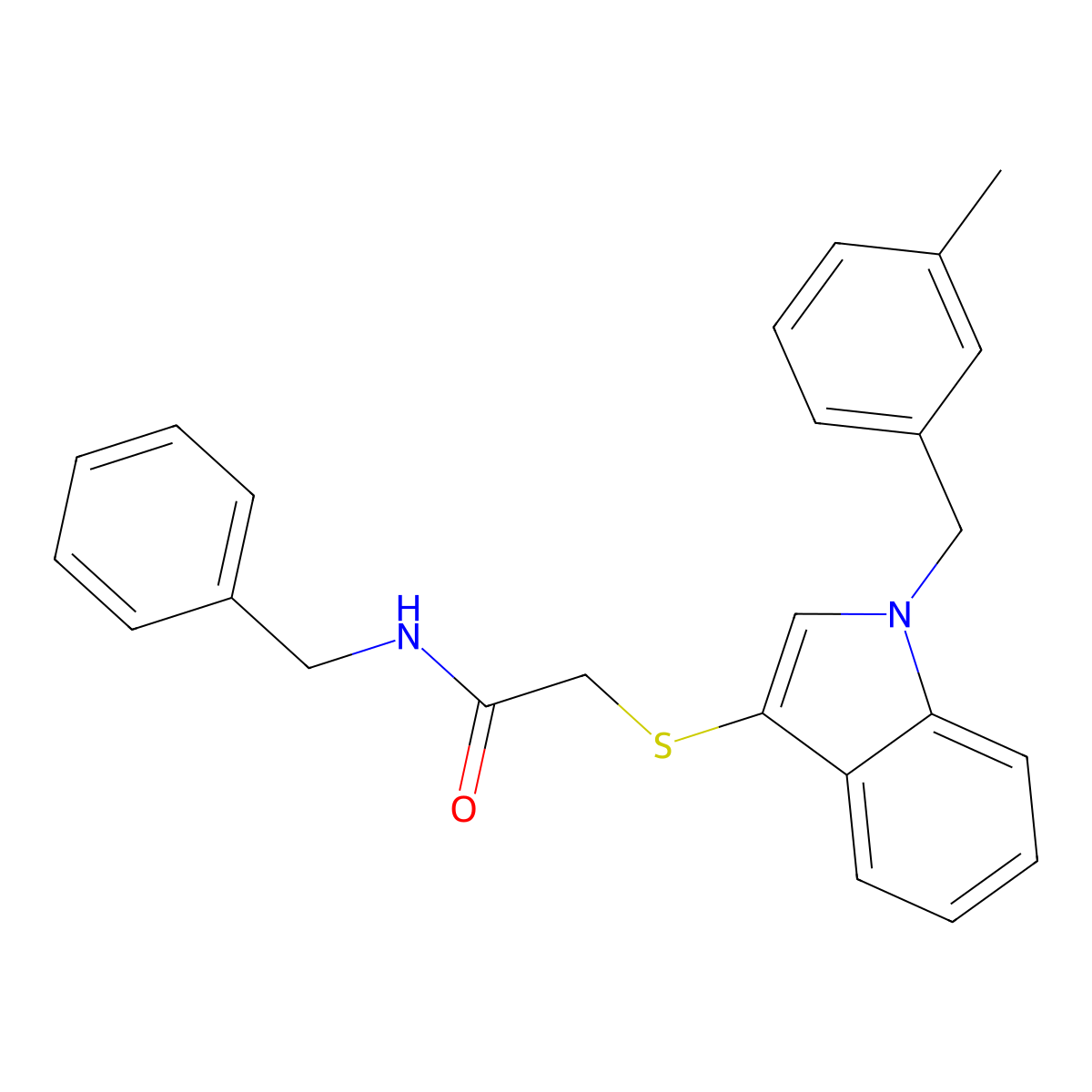 N-benzyl-2-((1-(3-methylbenzyl)-1H-indol-3-yl)thio)acetamide molecular structure, CAS 862825-77-2