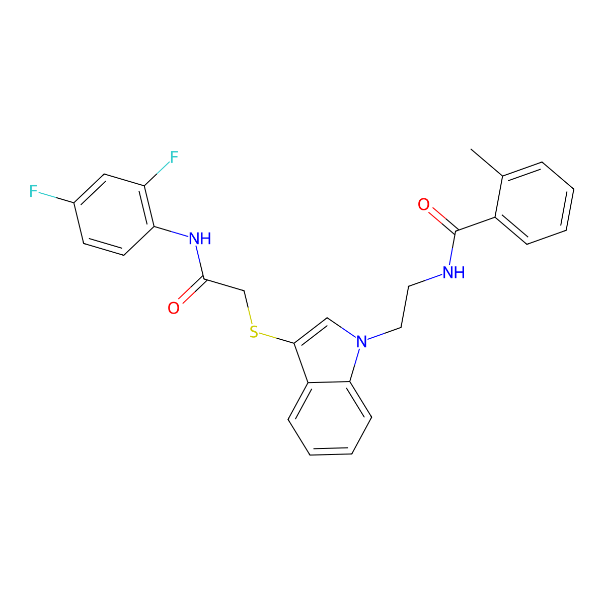N-[2-[3-[2-(2,4-difluoroanilino)-2-oxoethyl]sulfanylindol-1-yl]ethyl]-2-methylbenzamide molecular structure, CAS 862825-93-2