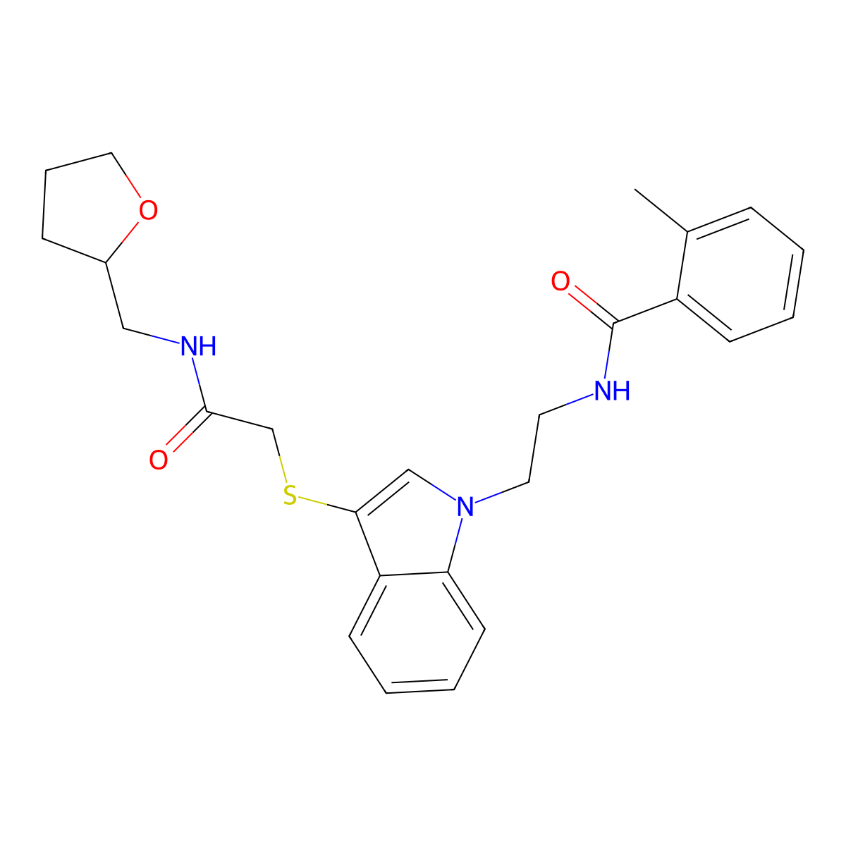 2-methyl-N-[2-[3-[2-oxo-2-(oxolan-2-ylmethylamino)ethyl]sulfanylindol-1-yl]ethyl]benzamide molecular structure, CAS 862825-94-3