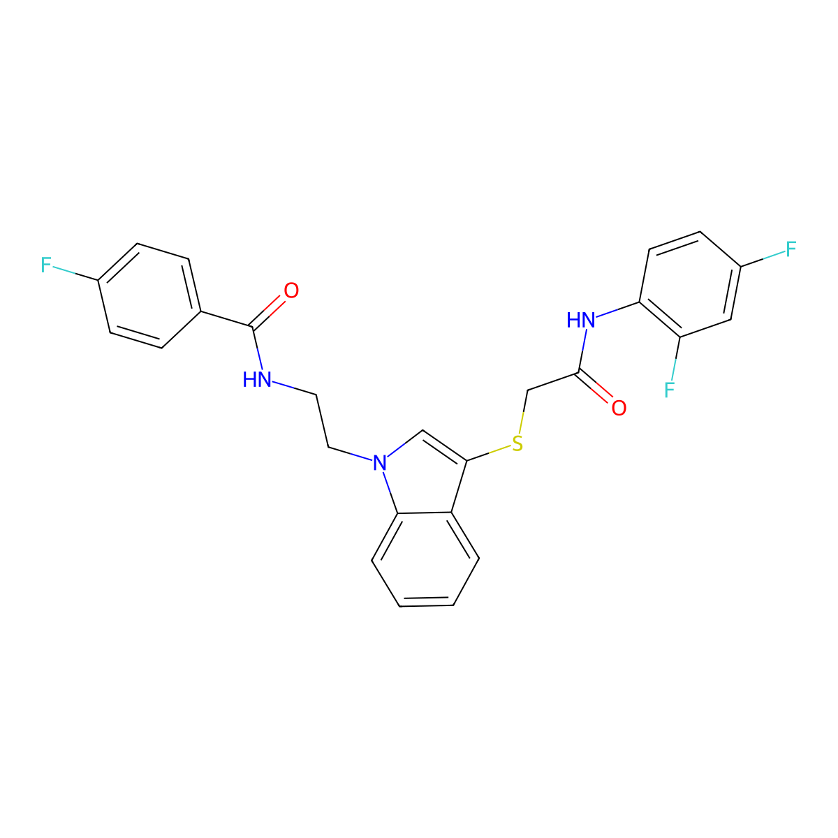 N-(2-(3-((2-((2,4-difluorophenyl)amino)-2-oxoethyl)thio)-1H-indol-1-yl)ethyl)-4-fluorobenzamide molecular structure, CAS 862825-96-5