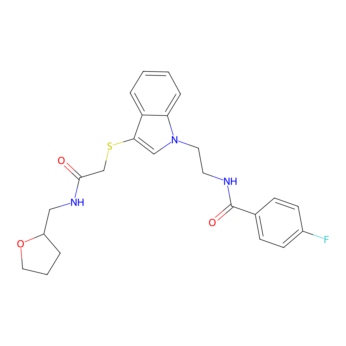 4-fluoro-N-(2-(3-((2-oxo-2-(((tetrahydrofuran-2-yl)methyl)amino)ethyl)thio)-1H-indol-1-yl)ethyl)benzamide molecular structure, CAS 862825-97-6