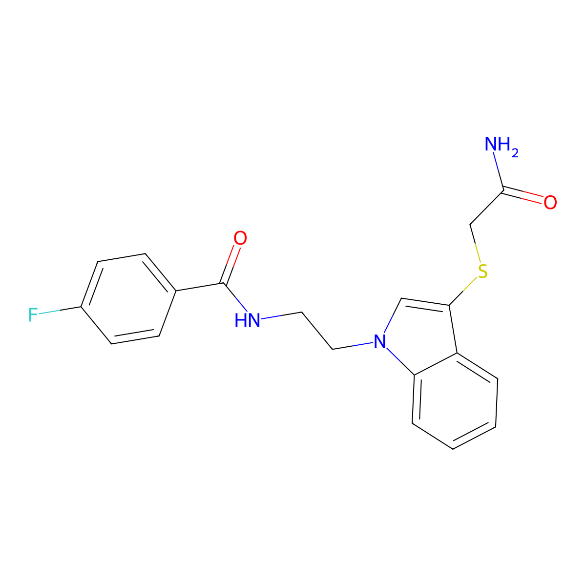 N-[2-[3-(2-amino-2-oxoethyl)sulfanylindol-1-yl]ethyl]-4-fluorobenzamide molecular structure, CAS 862825-99-8