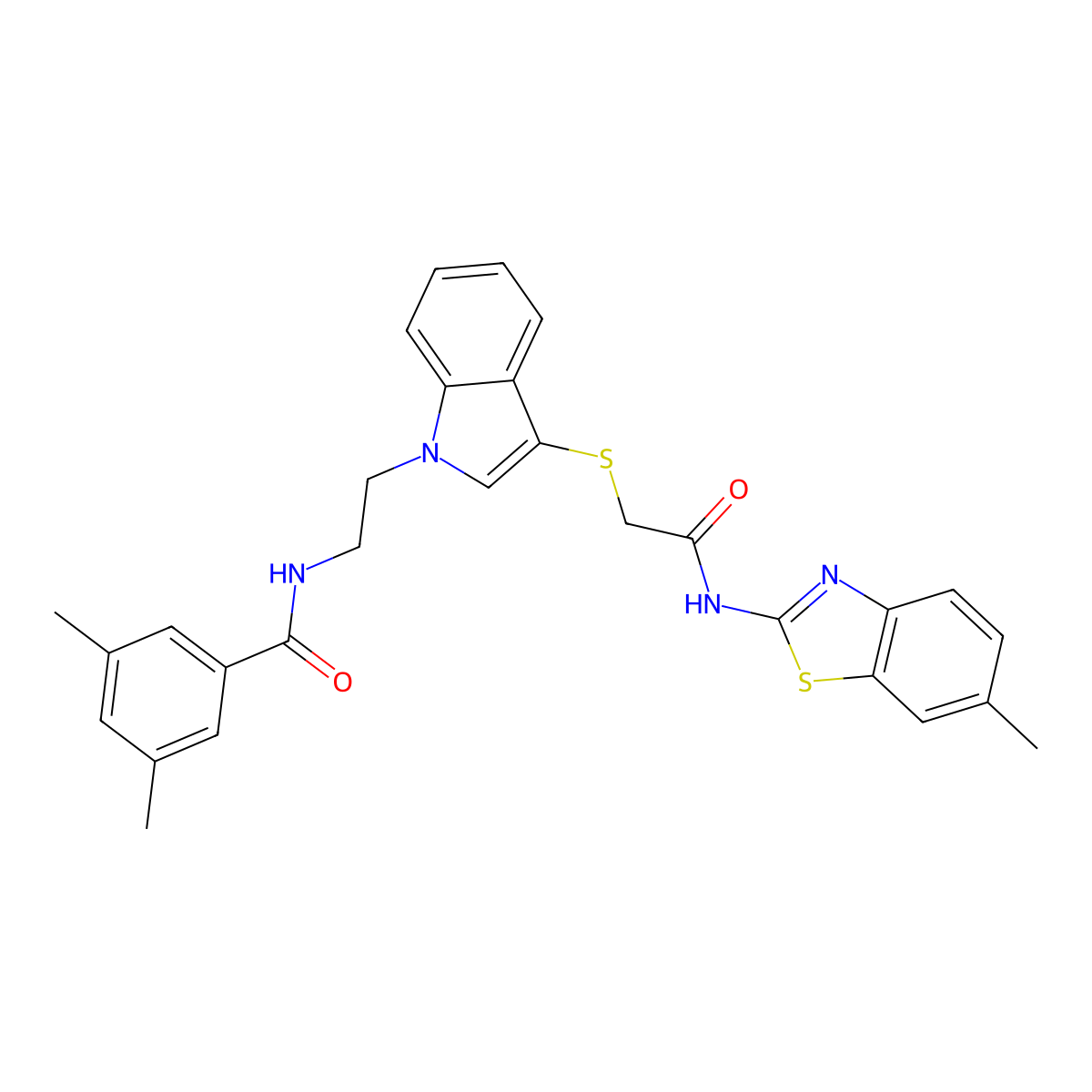 3,5-dimethyl-N-(2-(3-((2-((6-methylbenzo[d]thiazol-2-yl)amino)-2-oxoethyl)thio)-1H-indol-1-yl)ethyl)benzamide molecular structure, CAS 862826-00-4