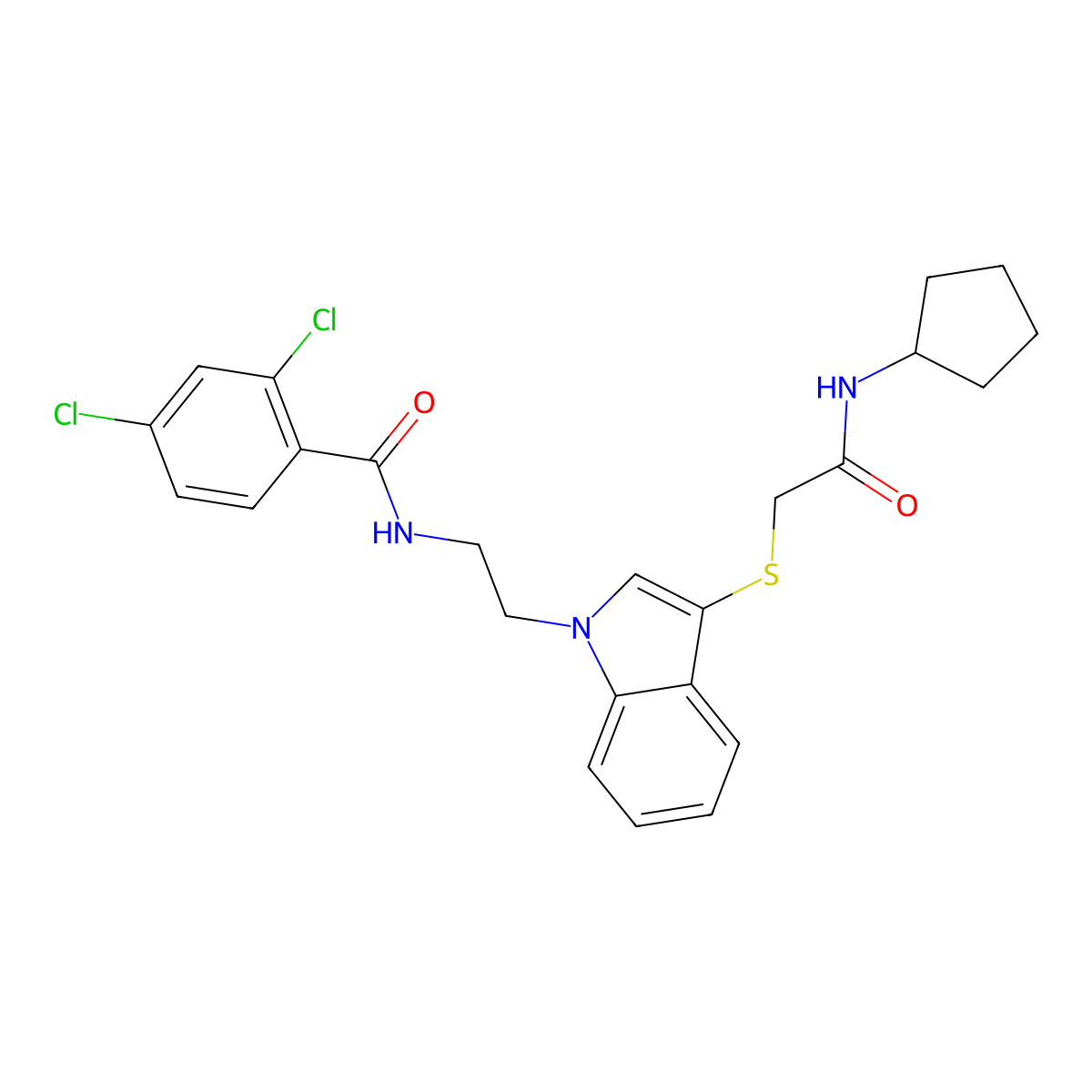 2,4-dichloro-N-(2-(3-((2-(cyclopentylamino)-2-oxoethyl)thio)-1H-indol-1-yl)ethyl)benzamide molecular structure, CAS 862826-02-6