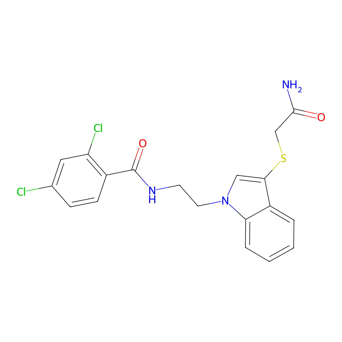 N-[2-[3-(2-amino-2-oxoethyl)sulfanylindol-1-yl]ethyl]-2,4-dichlorobenzamide molecular structure, CAS 862826-03-7