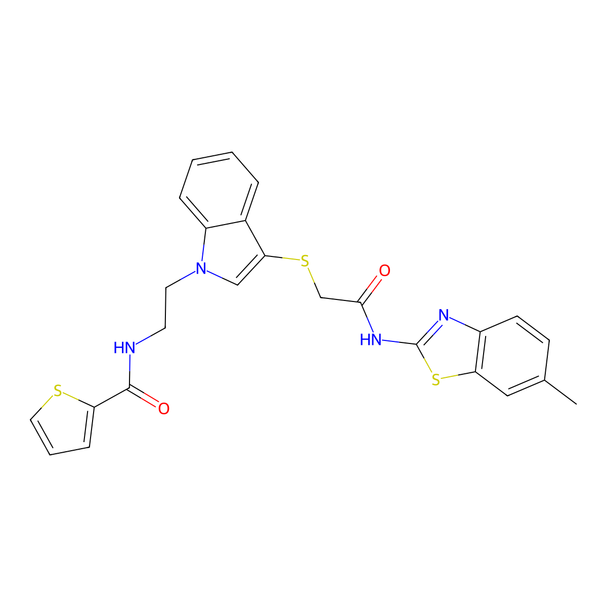 N-(2-(3-((2-((6-methylbenzo[d]thiazol-2-yl)amino)-2-oxoethyl)thio)-1H-indol-1-yl)ethyl)thiophene-2-carboxamide molecular structure, CAS 862826-05-9
