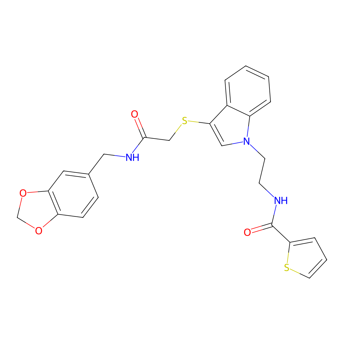 N-(2-(3-((2-((benzo[d][1,3]dioxol-5-ylmethyl)amino)-2-oxoethyl)thio)-1H-indol-1-yl)ethyl)thiophene-2-carboxamide molecular structure, CAS 862826-08-2