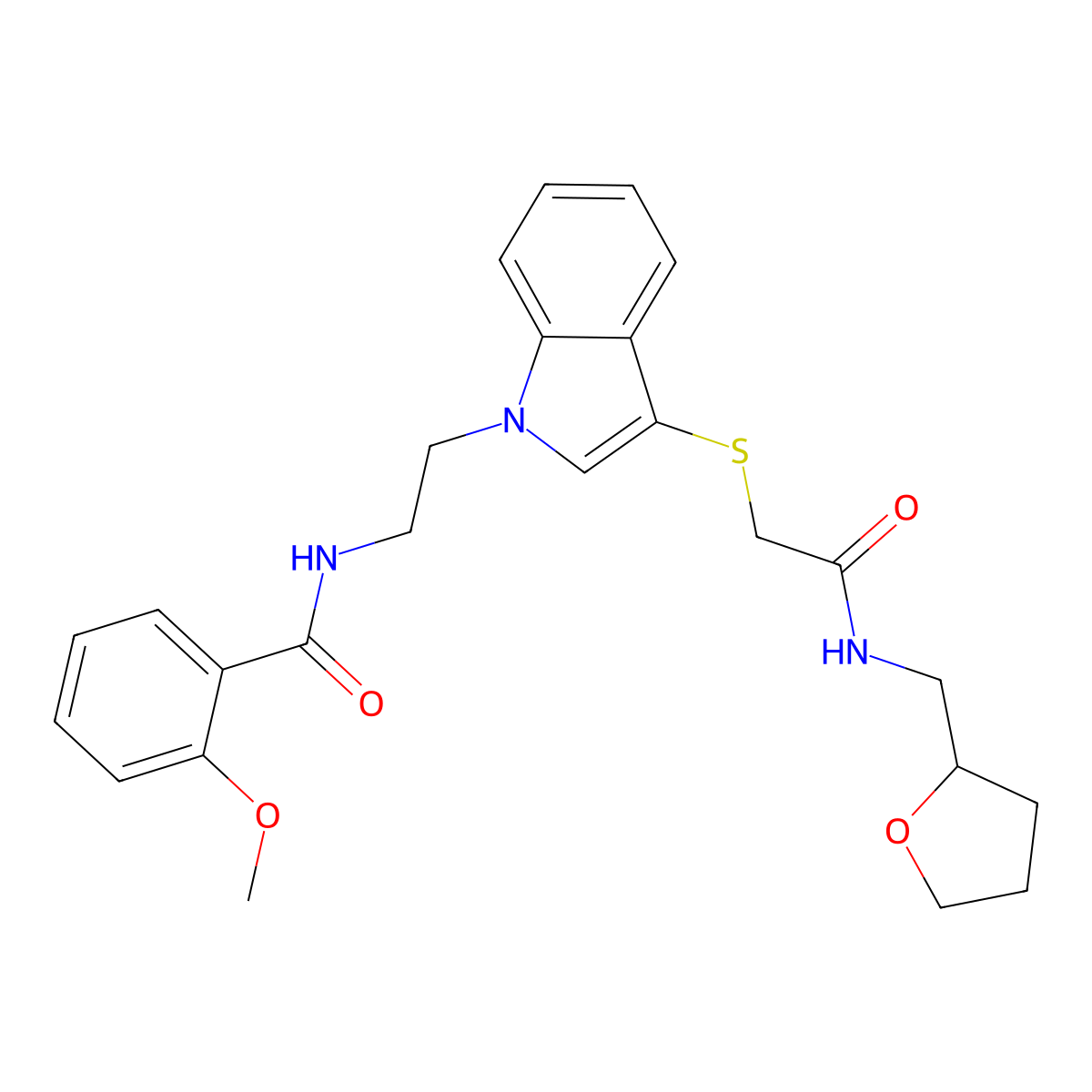 2-methoxy-N-(2-(3-((2-oxo-2-(((tetrahydrofuran-2-yl)methyl)amino)ethyl)thio)-1H-indol-1-yl)ethyl)benzamide molecular structure, CAS 862826-11-7