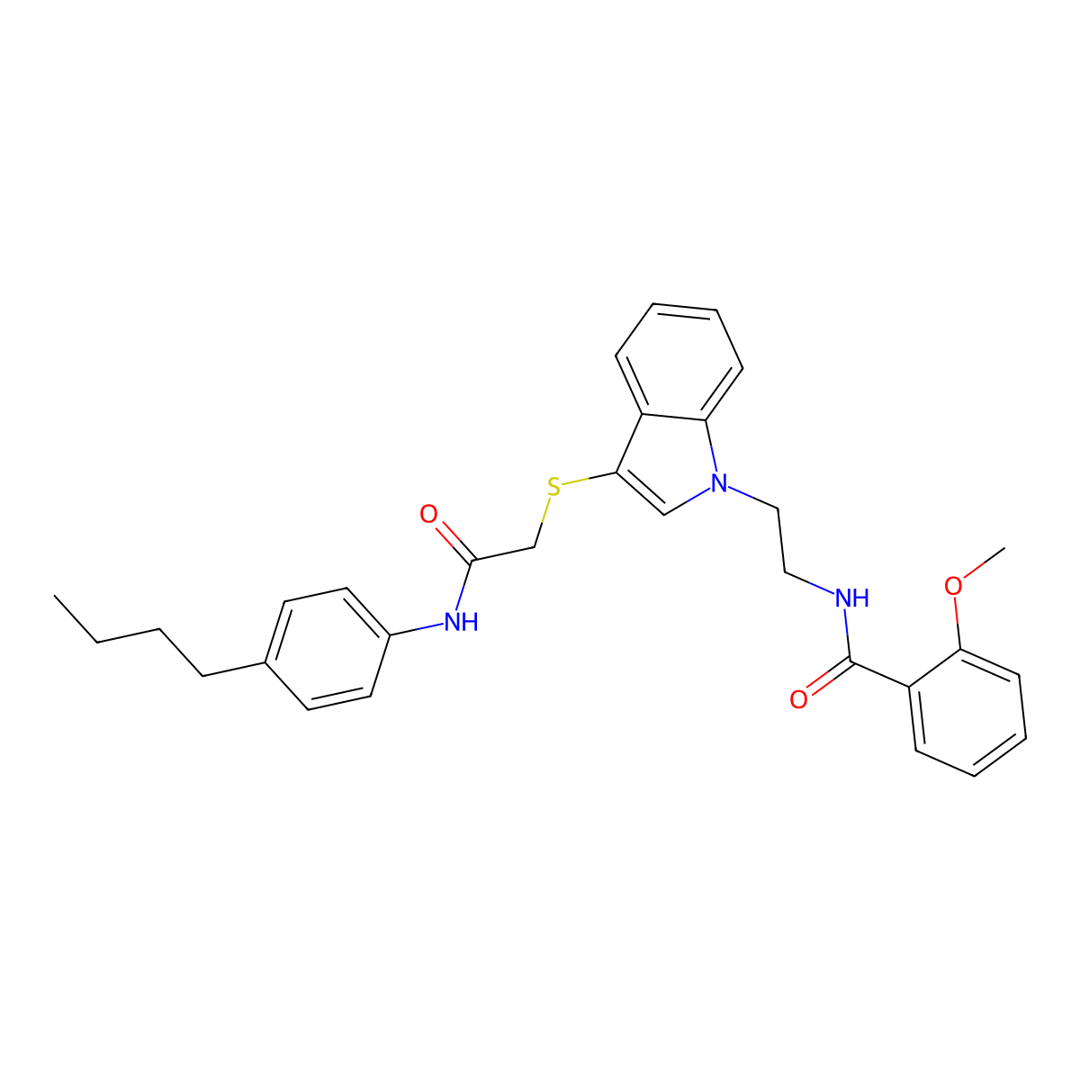 N-(2-(3-((2-((4-butylphenyl)amino)-2-oxoethyl)thio)-1H-indol-1-yl)ethyl)-2-methoxybenzamide molecular structure, CAS 862826-12-8
