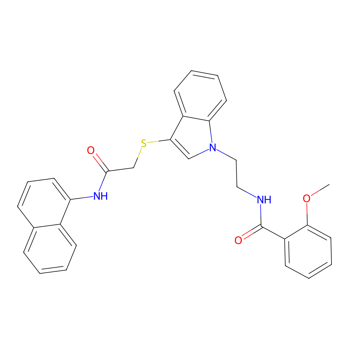 2-methoxy-N-[2-[3-[2-(naphthalen-1-ylamino)-2-oxoethyl]sulfanylindol-1-yl]ethyl]benzamide molecular structure, CAS 862826-15-1