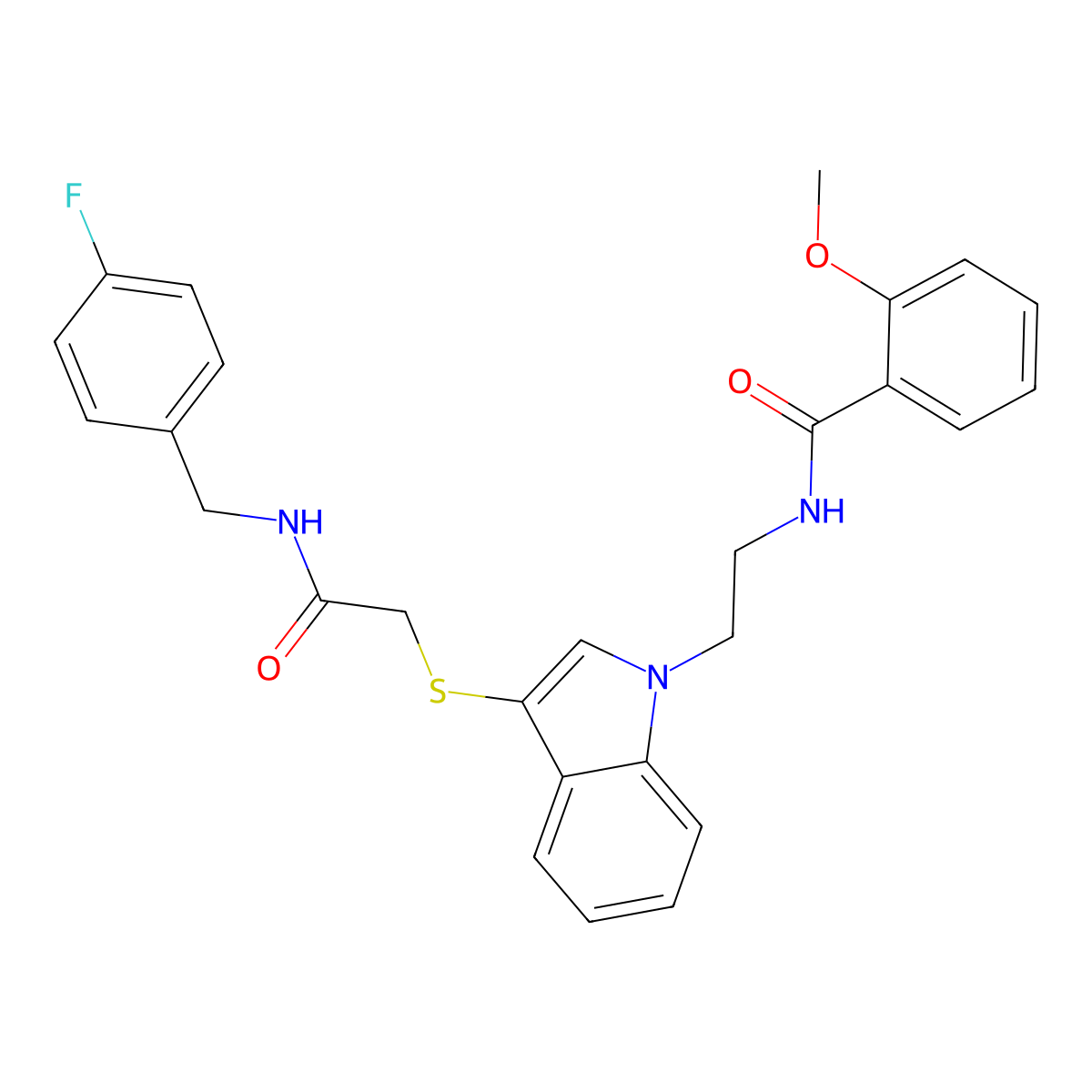 N-(2-(3-((2-((4-fluorobenzyl)amino)-2-oxoethyl)thio)-1H-indol-1-yl)ethyl)-2-methoxybenzamide molecular structure, CAS 862826-18-4