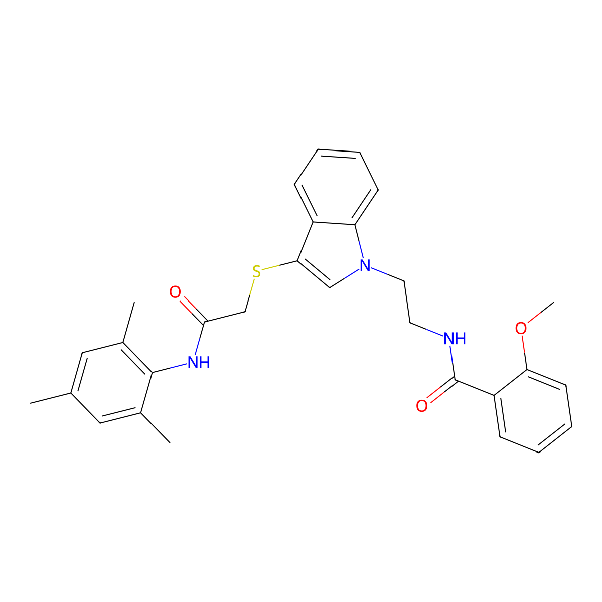 N-(2-(3-((2-(mesitylamino)-2-oxoethyl)thio)-1H-indol-1-yl)ethyl)-2-methoxybenzamide molecular structure, CAS 862826-19-5