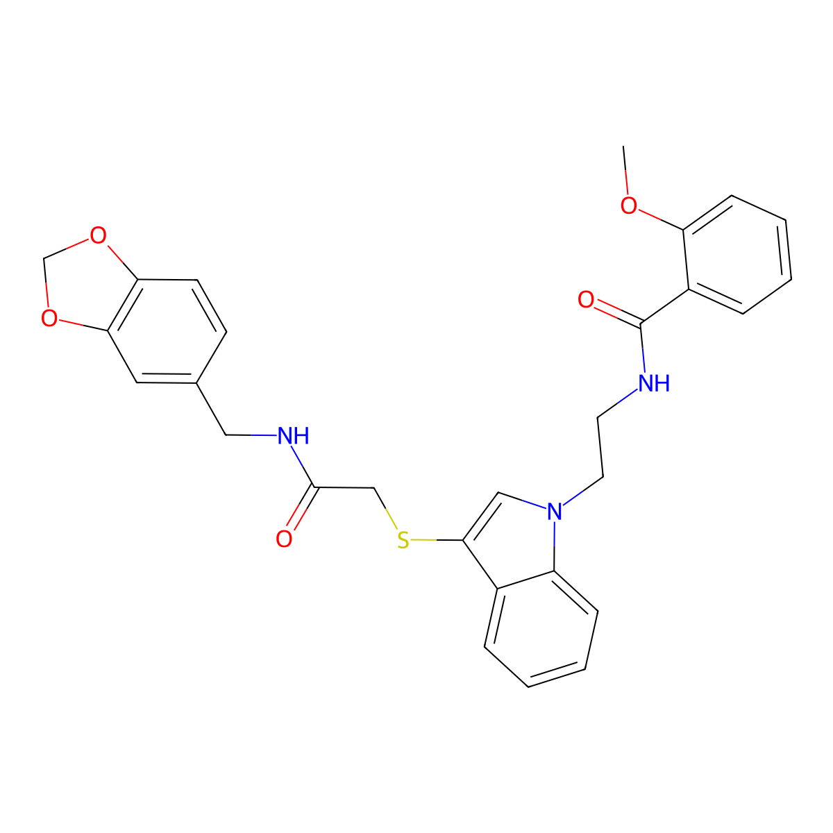 N-[2-[3-[2-(1,3-benzodioxol-5-ylmethylamino)-2-oxoethyl]sulfanylindol-1-yl]ethyl]-2-methoxybenzamide molecular structure, CAS 862826-20-8