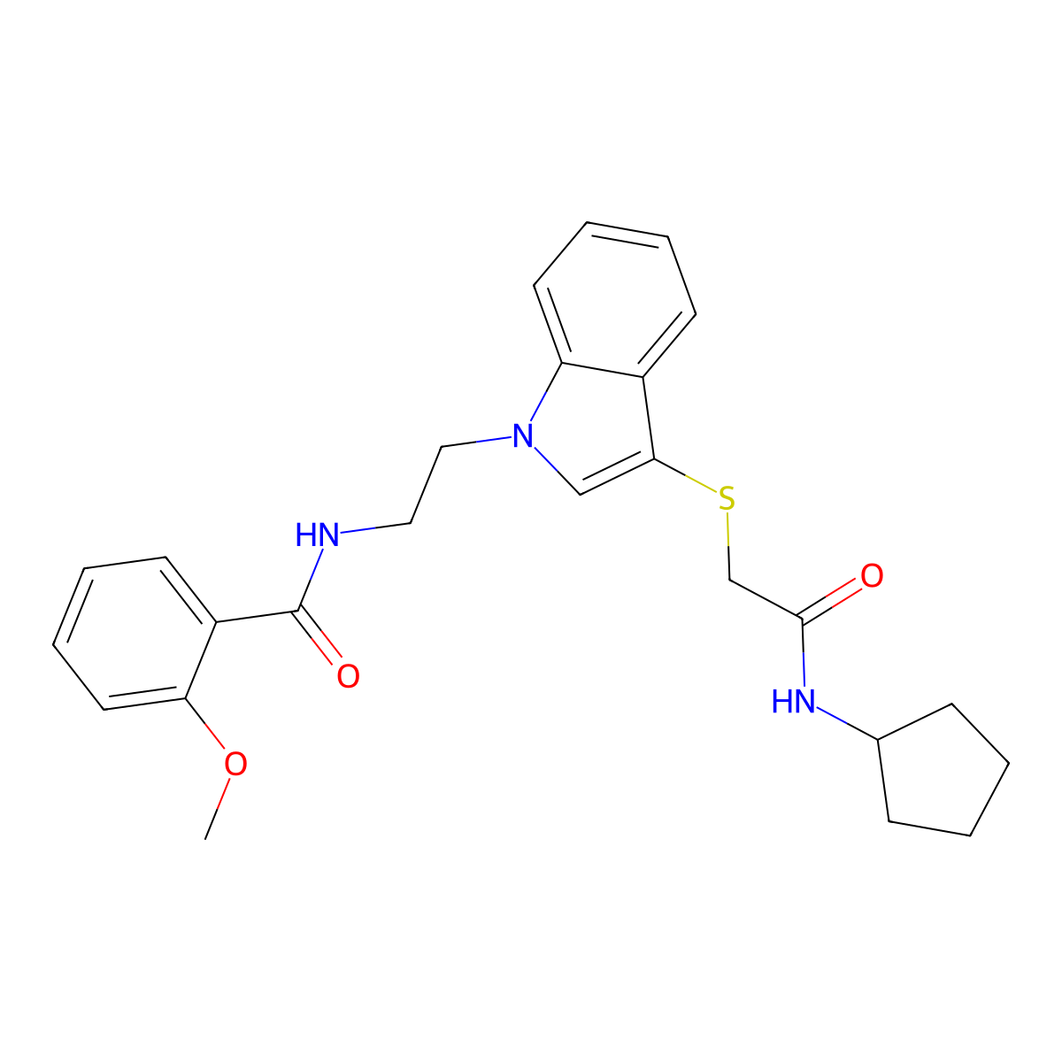 N-[2-[3-[2-(cyclopentylamino)-2-oxoethyl]sulfanylindol-1-yl]ethyl]-2-methoxybenzamide molecular structure, CAS 862826-21-9