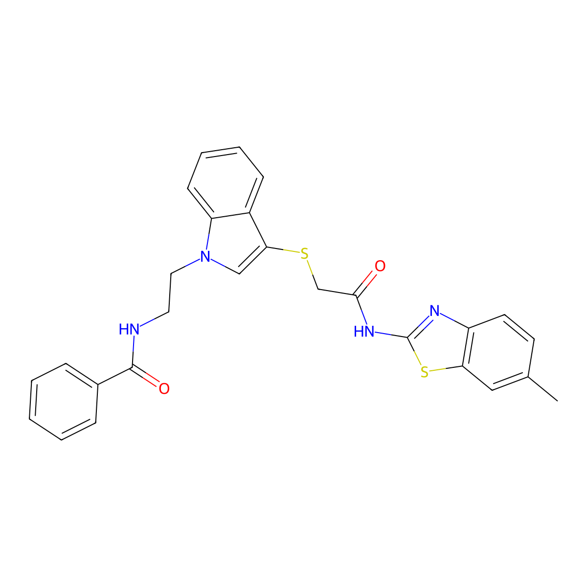 N-(2-(3-((2-((6-methylbenzo[d]thiazol-2-yl)amino)-2-oxoethyl)thio)-1H-indol-1-yl)ethyl)benzamide molecular structure, CAS 862826-40-2