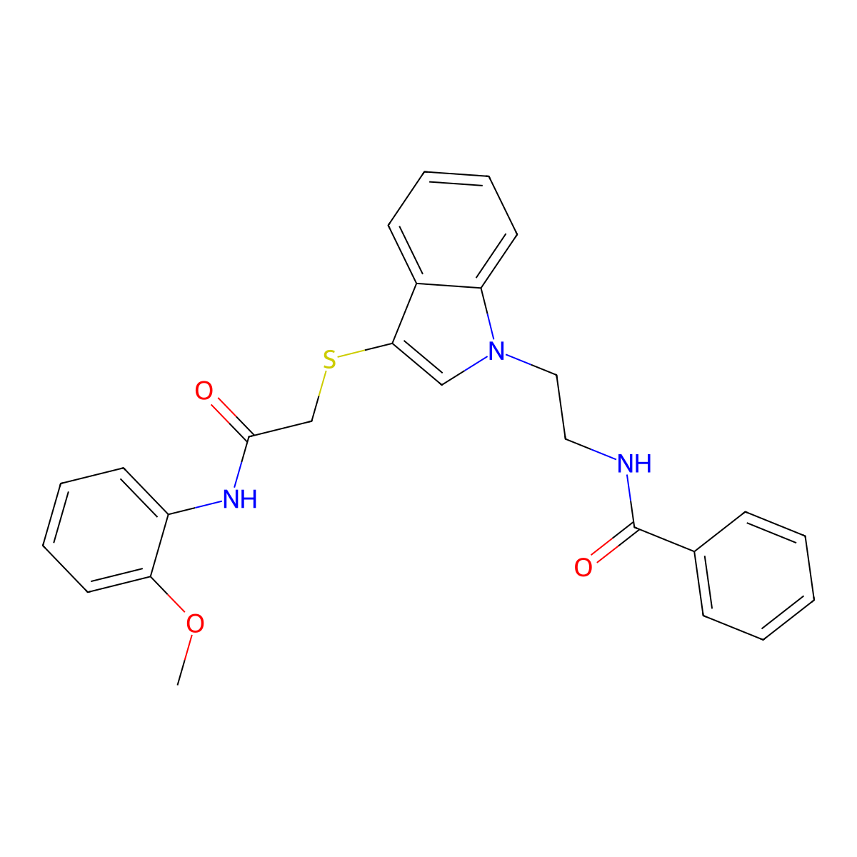 N-(2-(3-((2-((2-methoxyphenyl)amino)-2-oxoethyl)thio)-1H-indol-1-yl)ethyl)benzamide molecular structure, CAS 862826-44-6