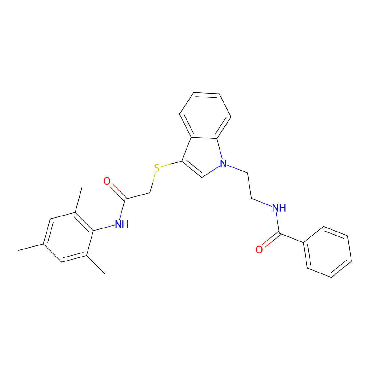 N-(2-(3-((2-(mesitylamino)-2-oxoethyl)thio)-1H-indol-1-yl)ethyl)benzamide molecular structure, CAS 862826-45-7