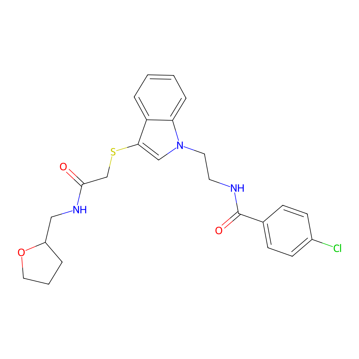 4-chloro-N-(2-(3-((2-oxo-2-(((tetrahydrofuran-2-yl)methyl)amino)ethyl)thio)-1H-indol-1-yl)ethyl)benzamide molecular structure, CAS 862826-47-9
