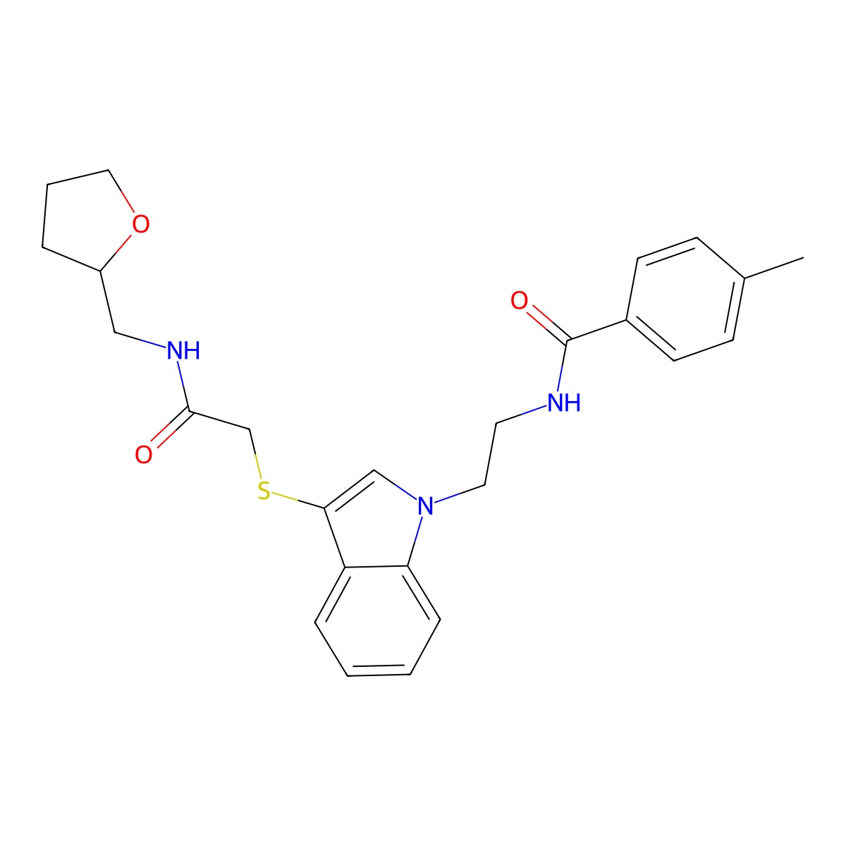 4-methyl-N-[2-[3-[2-oxo-2-(oxolan-2-ylmethylamino)ethyl]sulfanylindol-1-yl]ethyl]benzamide molecular structure, CAS 862826-50-4