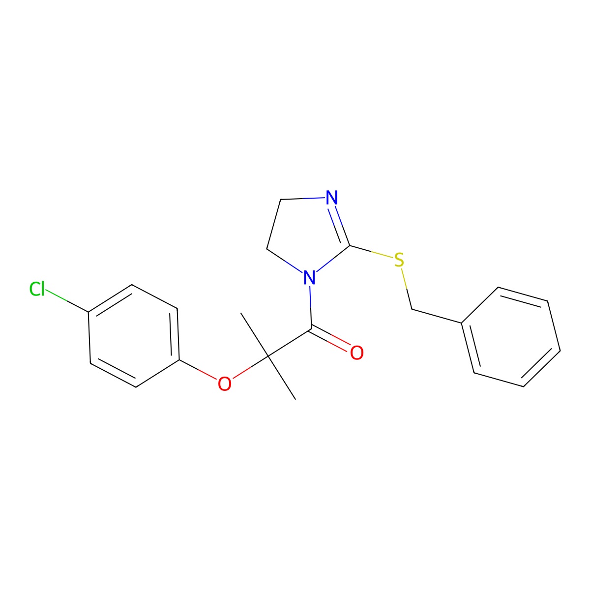 1-(2-(benzylthio)-4,5-dihydro-1H-imidazol-1-yl)-2-(4-chlorophenoxy)-2-methylpropan-1-one molecular structure, CAS 862826-72-0