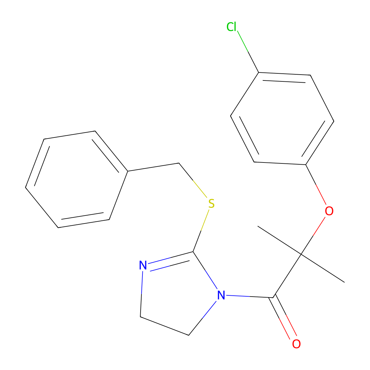 1-(2-(benzylthio)-4,5-dihydro-1H-imidazol-1-yl)-2-(4-chlorophenoxy)-2-methylpropan-1-one molecular structure, CAS 862826-72-0