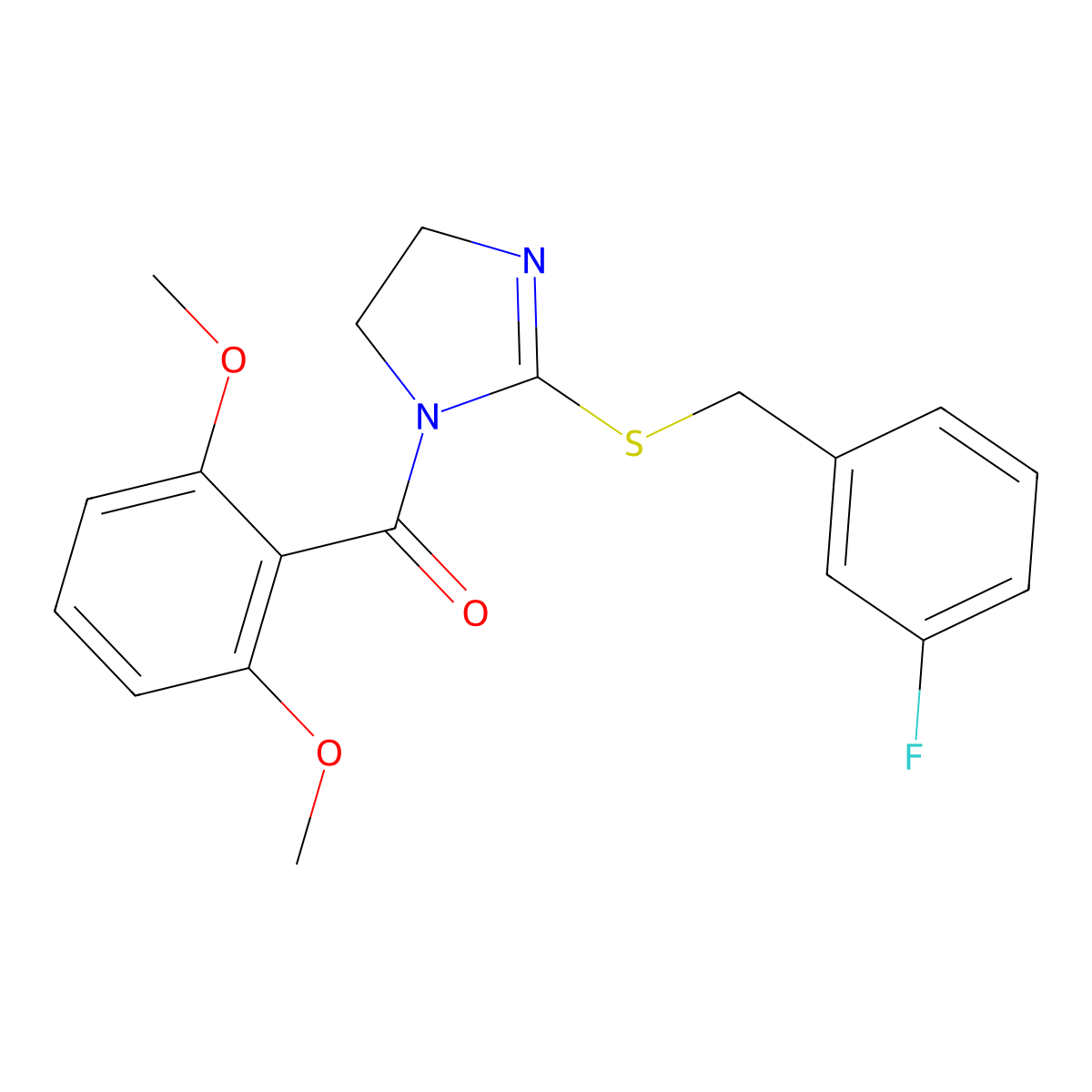 (2,6-Dimethoxyphenyl)-[2-[(3-fluorophenyl)methylsulfanyl]-4,5-dihydroimidazol-1-yl]methanone molecular structure, CAS 862826-74-2