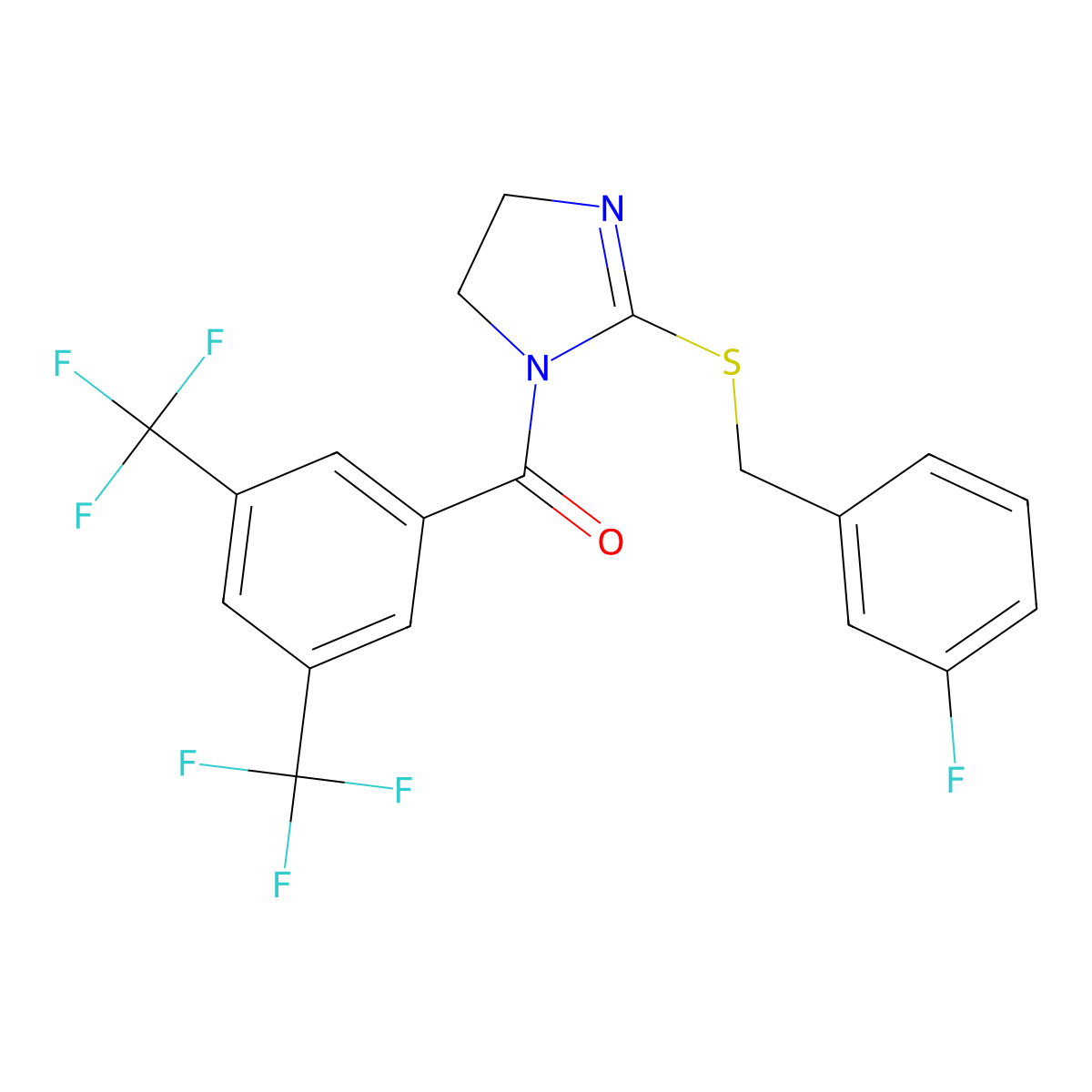 (3,5-bis(trifluoromethyl)phenyl)(2-((3-fluorobenzyl)thio)-4,5-dihydro-1H-imidazol-1-yl)methanone molecular structure, CAS 862826-75-3