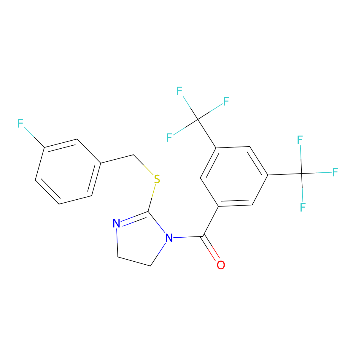 (3,5-bis(trifluoromethyl)phenyl)(2-((3-fluorobenzyl)thio)-4,5-dihydro-1H-imidazol-1-yl)methanone molecular structure, CAS 862826-75-3