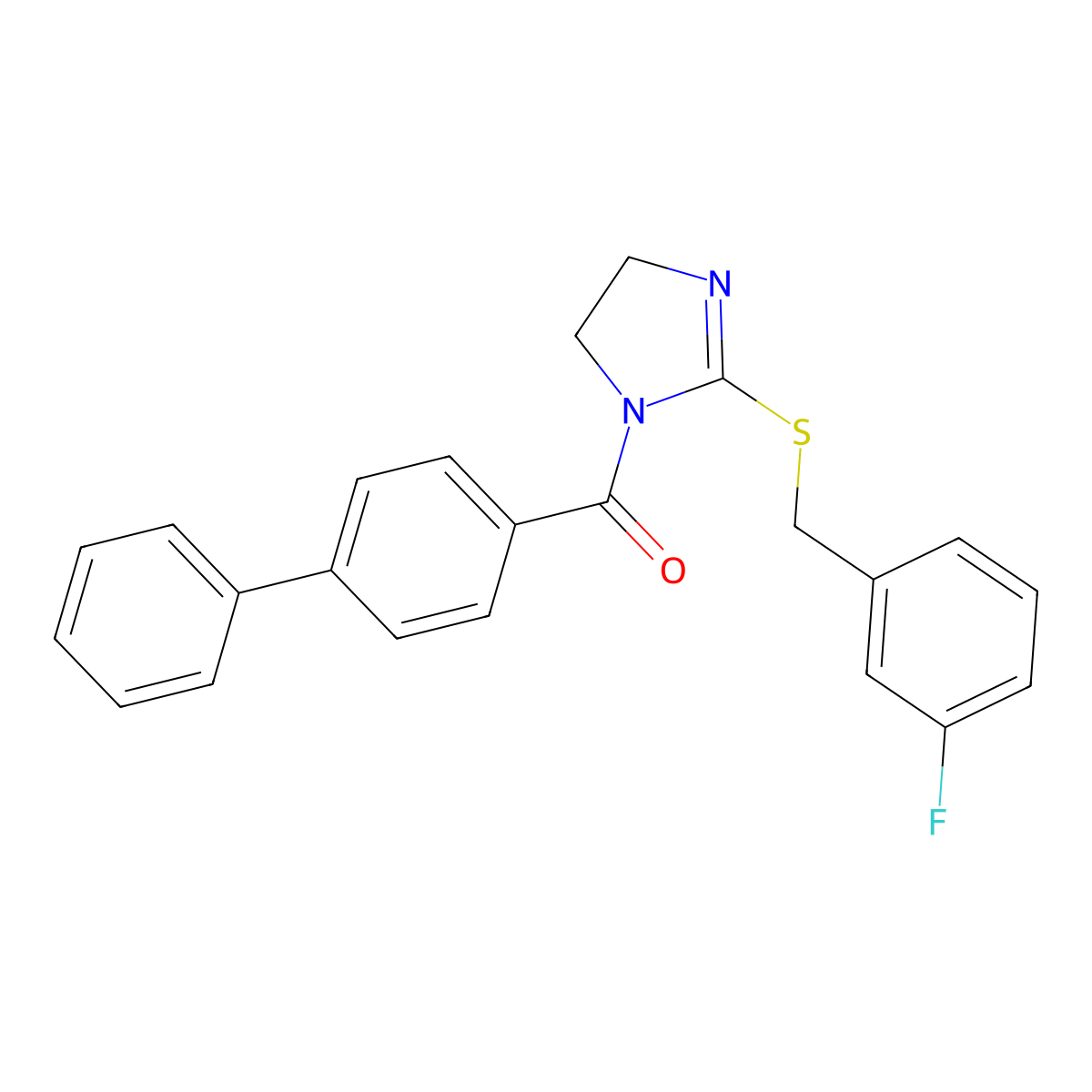 [1,1'-biphenyl]-4-yl(2-((3-fluorobenzyl)thio)-4,5-dihydro-1H-imidazol-1-yl)methanone molecular structure, CAS 862826-76-4