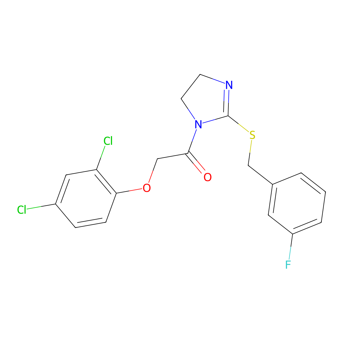 2-(2,4-Dichlorophenoxy)-1-[2-[(3-fluorophenyl)methylsulfanyl]-4,5-dihydroimidazol-1-yl]ethanone molecular structure, CAS 862826-77-5