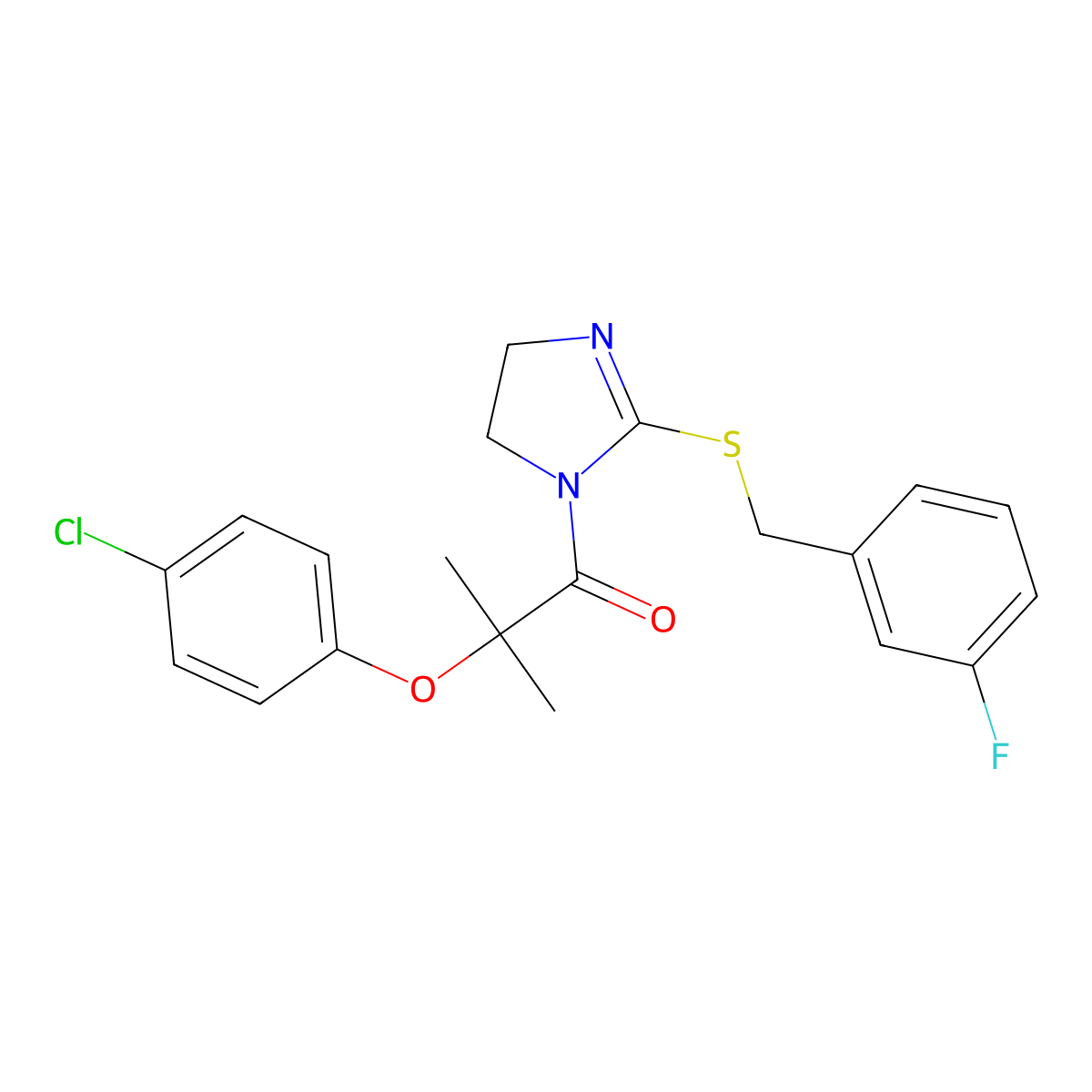 2-(4-Chlorophenoxy)-1-[2-[(3-fluorophenyl)methylsulfanyl]-4,5-dihydroimidazol-1-yl]-2-methylpropan-1-one molecular structure, CAS 862826-78-6