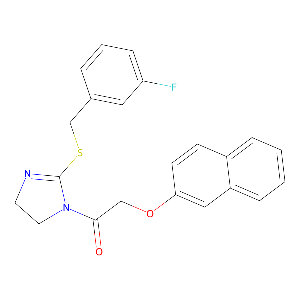 1-[2-[(3-Fluorophenyl)methylsulfanyl]-4,5-dihydroimidazol-1-yl]-2-naphthalen-2-yloxyethanone molecular structure, CAS 862826-79-7