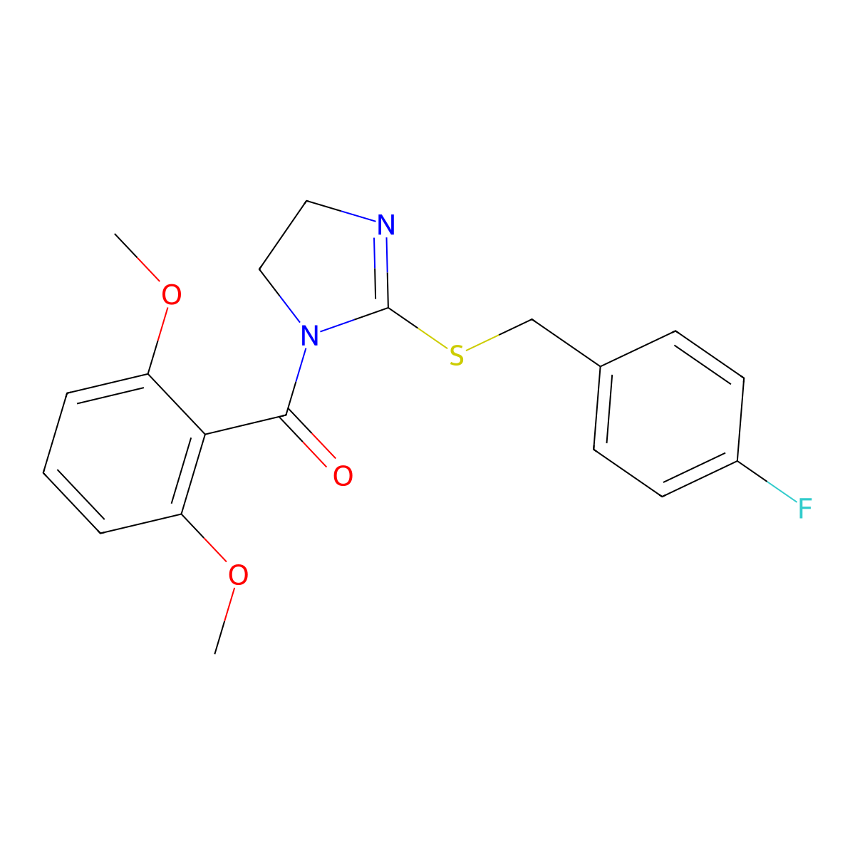 (2,6-Dimethoxyphenyl)-[2-[(4-fluorophenyl)methylsulfanyl]-4,5-dihydroimidazol-1-yl]methanone molecular structure, CAS 862826-81-1