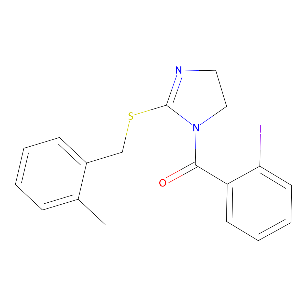 (2-Iodophenyl)-[2-[(2-methylphenyl)methylsulfanyl]-4,5-dihydroimidazol-1-yl]methanone molecular structure, CAS 862826-86-6