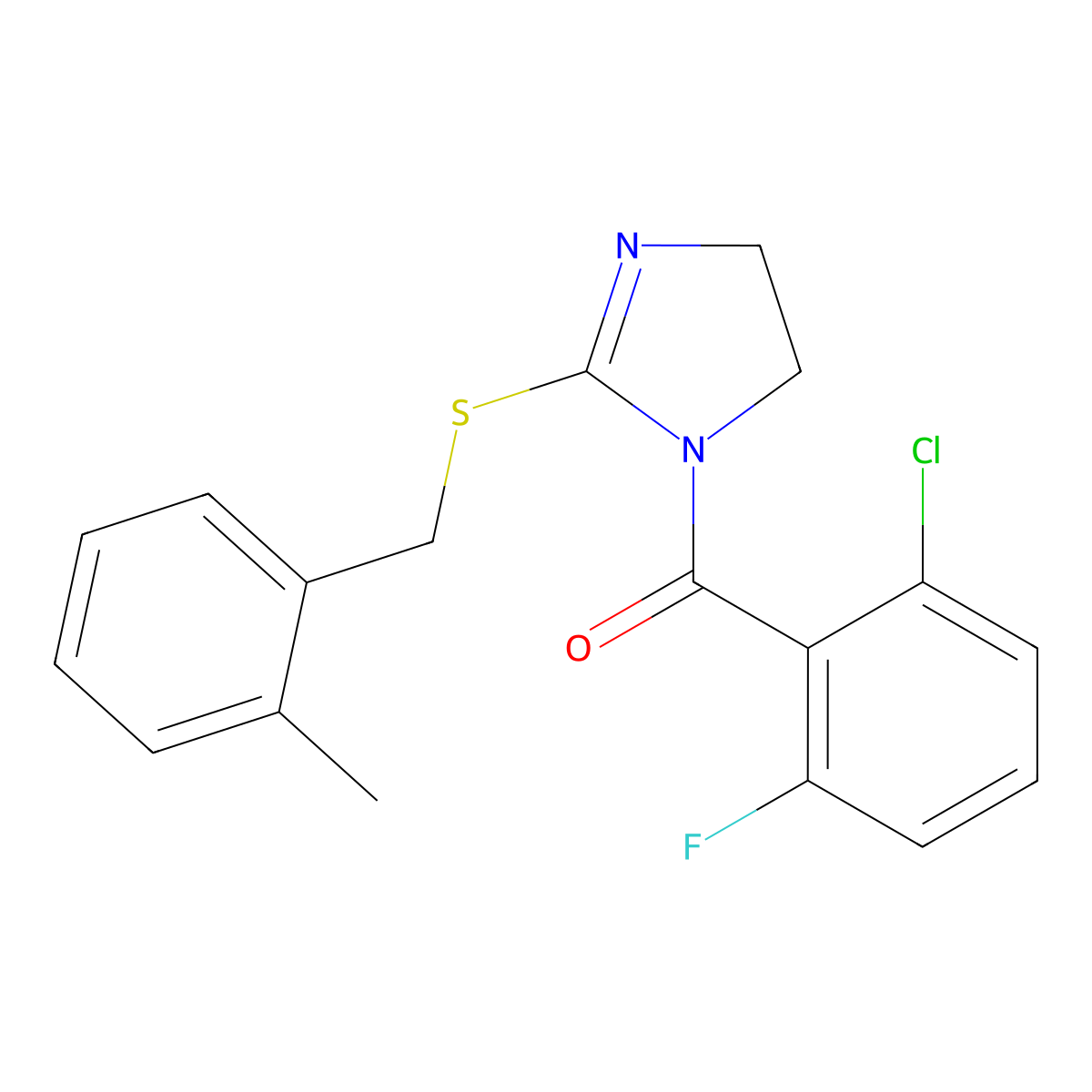 (2-Chloro-6-fluorophenyl)-[2-[(2-methylphenyl)methylsulfanyl]-4,5-dihydroimidazol-1-yl]methanone molecular structure, CAS 862826-87-7