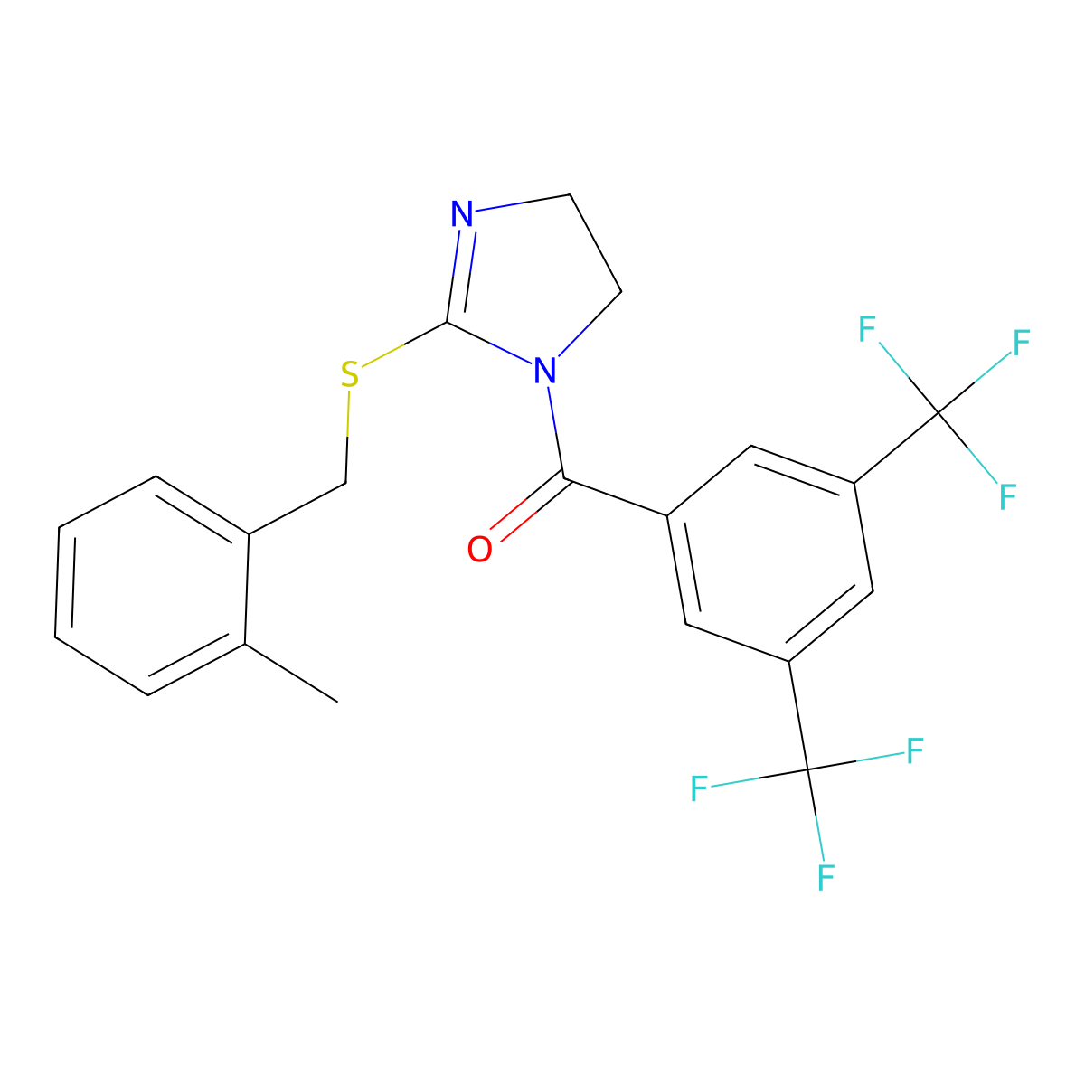 [3,5-Bis(trifluoromethyl)phenyl]-[2-[(2-methylphenyl)methylsulfanyl]-4,5-dihydroimidazol-1-yl]methanone molecular structure, CAS 862826-89-9