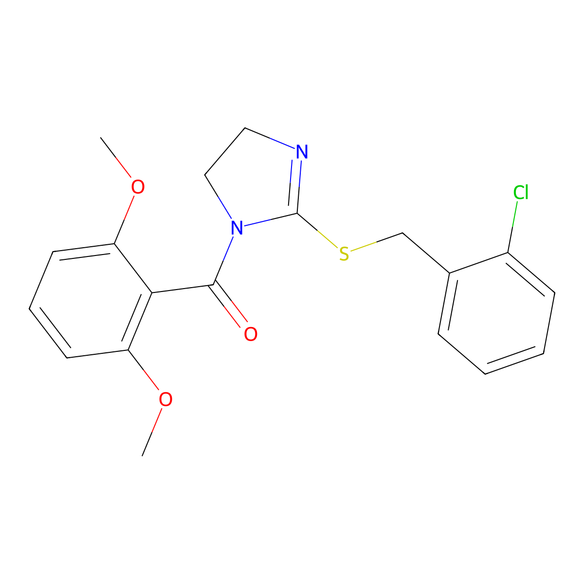 (2-((2-chlorobenzyl)thio)-4,5-dihydro-1H-imidazol-1-yl)(2,6-dimethoxyphenyl)methanone molecular structure, CAS 862826-96-8