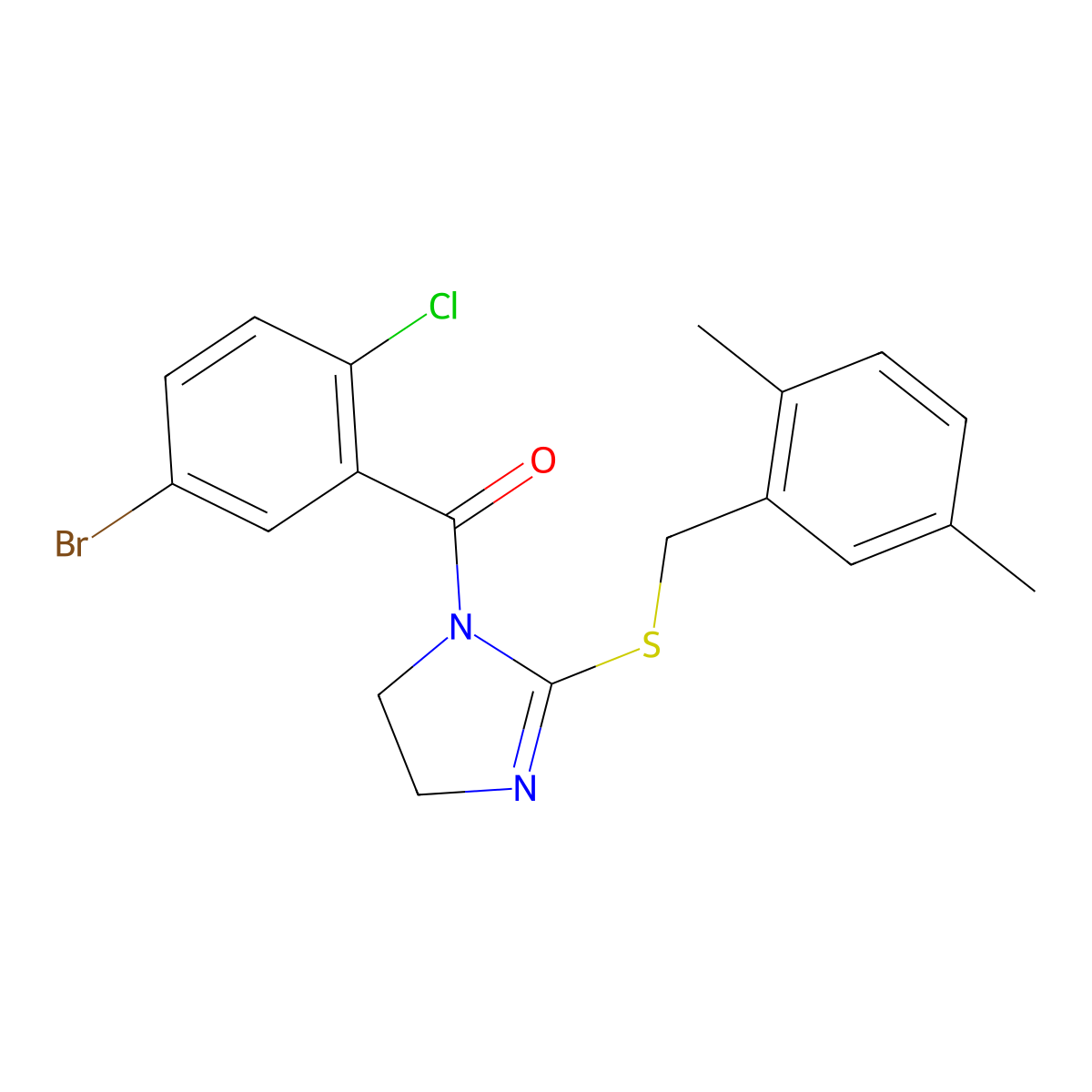 (5-bromo-2-chlorophenyl)(2-((2,5-dimethylbenzyl)thio)-4,5-dihydro-1H-imidazol-1-yl)methanone molecular structure, CAS 862826-97-9