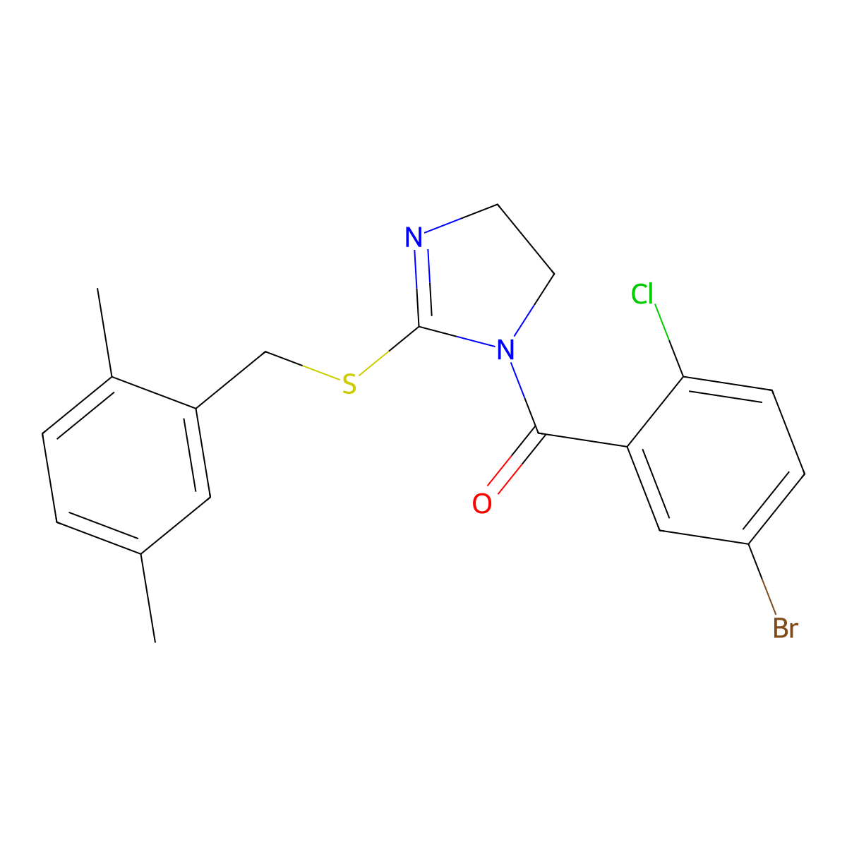 (5-bromo-2-chlorophenyl)(2-((2,5-dimethylbenzyl)thio)-4,5-dihydro-1H-imidazol-1-yl)methanone molecular structure, CAS 862826-97-9