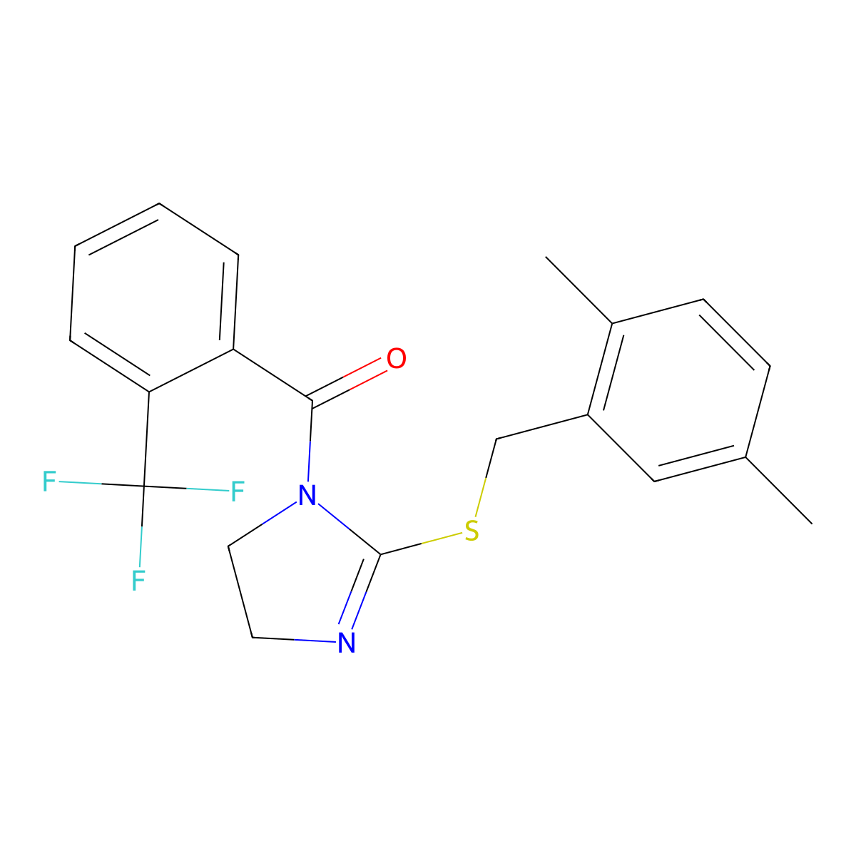 (2-((2,5-dimethylbenzyl)thio)-4,5-dihydro-1H-imidazol-1-yl)(2-(trifluoromethyl)phenyl)methanone molecular structure, CAS 862826-98-0
