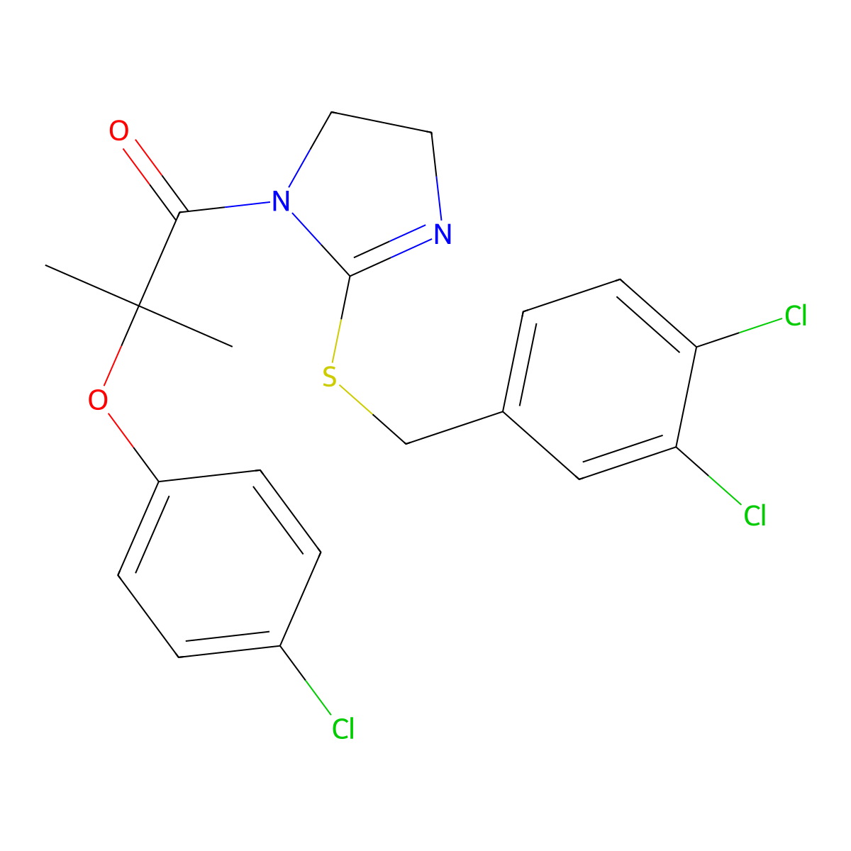 2-(4-chlorophenoxy)-1-(2-((3,4-dichlorobenzyl)thio)-4,5-dihydro-1H-imidazol-1-yl)-2-methylpropan-1-one molecular structure, CAS 862827-02-9