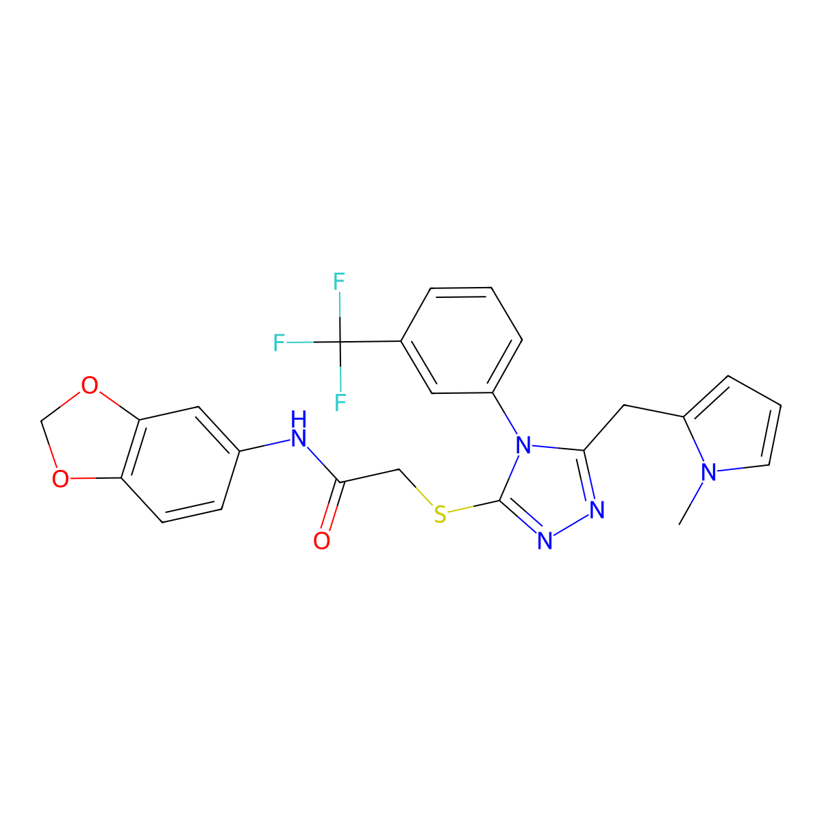 N-(benzo[d][1,3]dioxol-5-yl)-2-((5-((1-methyl-1H-pyrrol-2-yl)methyl)-4-(3-(trifluoromethyl)phenyl)-4H-1,2,4-triazol-3-yl)thio)acetamide molecular structure, CAS 862827-91-6