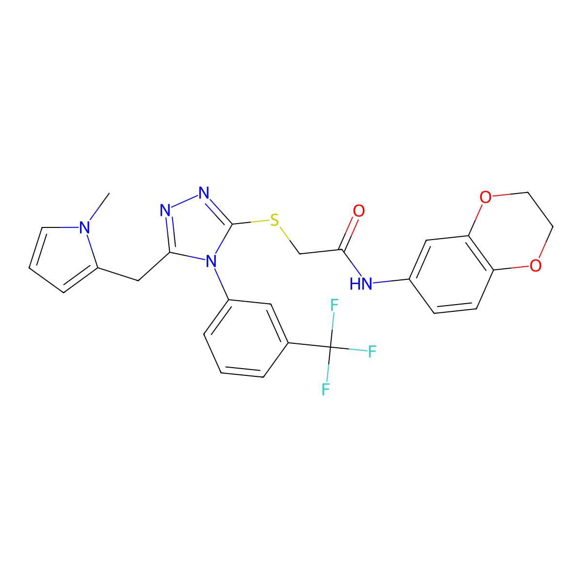 N-(2,3-dihydrobenzo[b][1,4]dioxin-6-yl)-2-((5-((1-methyl-1H-pyrrol-2-yl)methyl)-4-(3-(trifluoromethyl)phenyl)-4H-1,2,4-triazol-3-yl)thio)acetamide molecular structure, CAS 862827-92-7