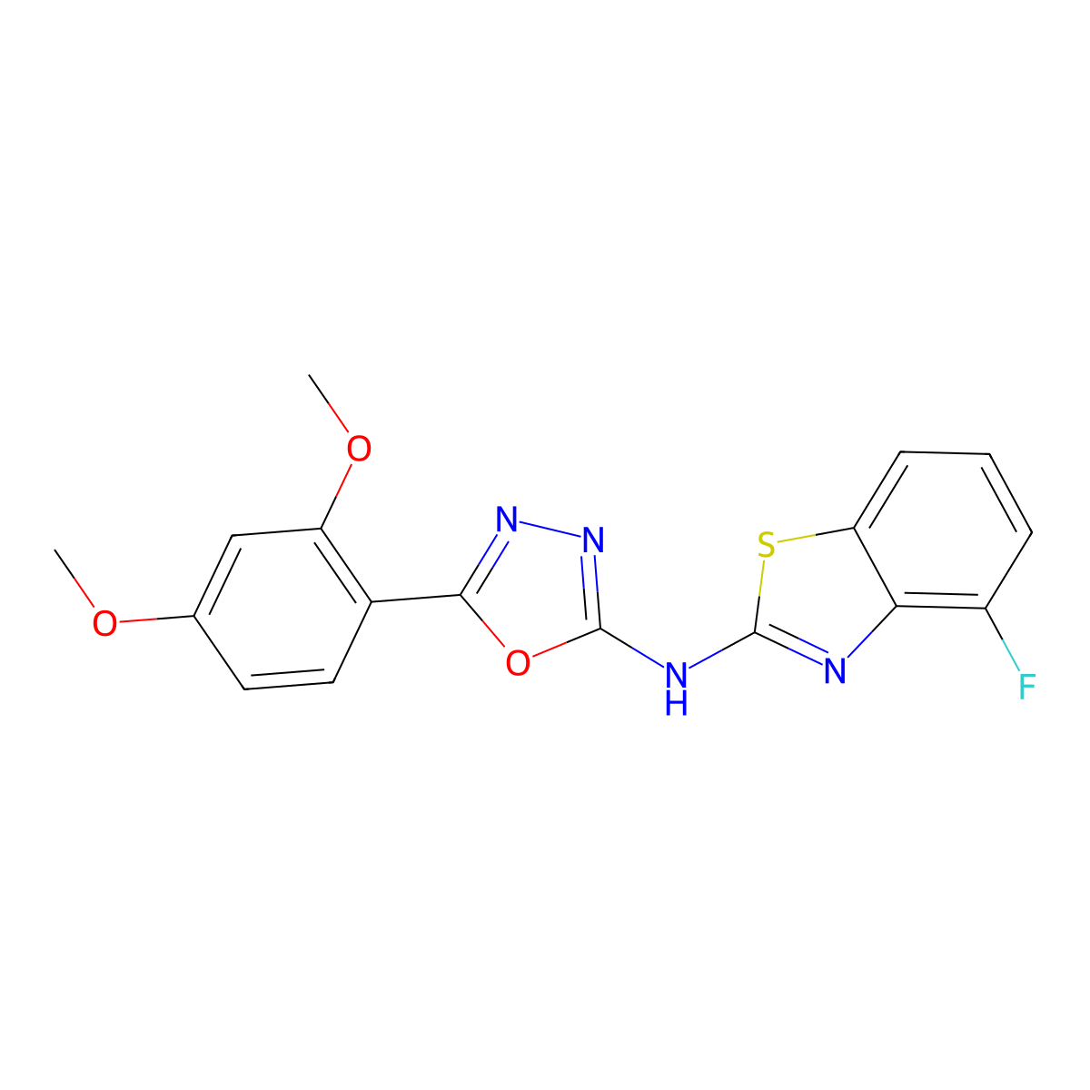 5-(2,4-dimethoxyphenyl)-N-(4-fluoro-1,3-benzothiazol-2-yl)-1,3,4-oxadiazol-2-amine molecular structure, CAS 862975-19-7