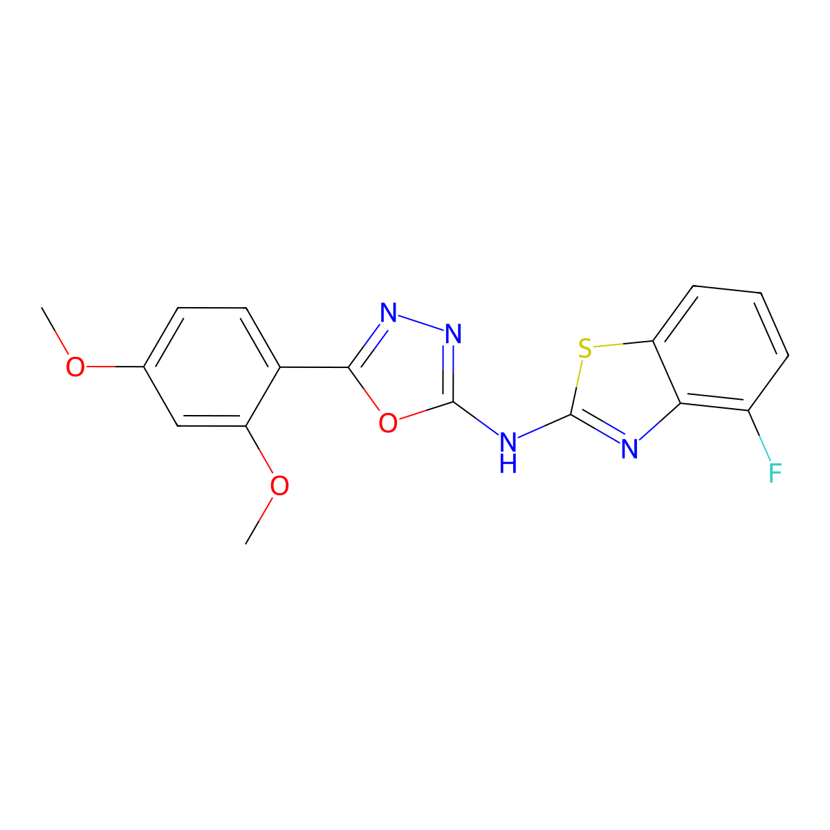 5-(2,4-dimethoxyphenyl)-N-(4-fluoro-1,3-benzothiazol-2-yl)-1,3,4-oxadiazol-2-amine molecular structure, CAS 862975-19-7