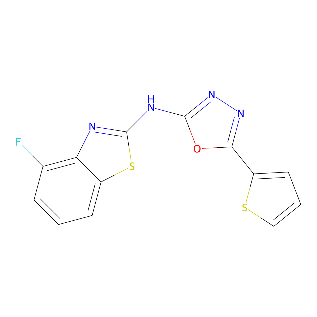 N-(4-fluorobenzo[d]thiazol-2-yl)-5-(thiophen-2-yl)-1,3,4-oxadiazol-2-amine molecular structure, CAS 862975-21-1