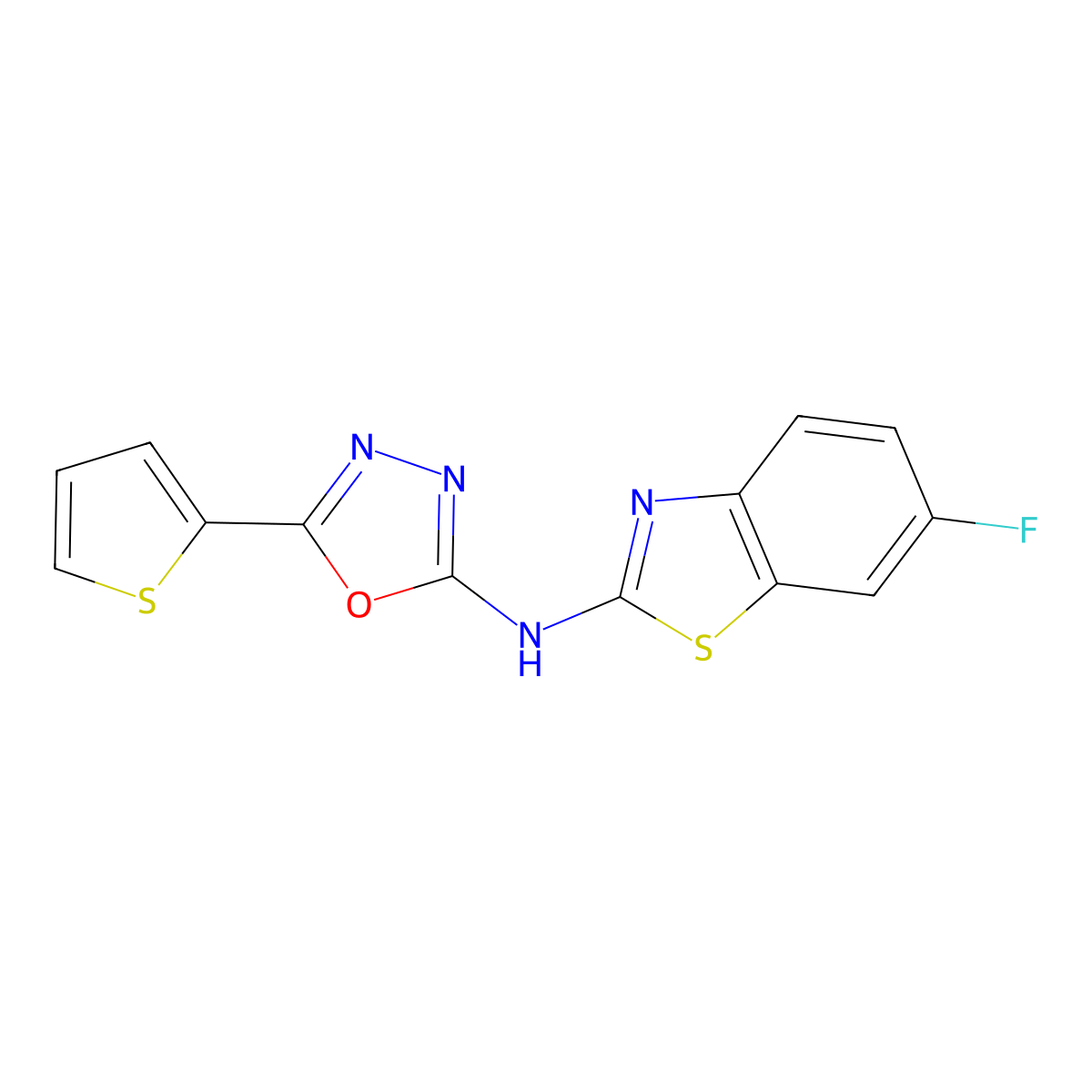 N-(6-fluorobenzo[d]thiazol-2-yl)-5-(thiophen-2-yl)-1,3,4-oxadiazol-2-amine molecular structure, CAS 862976-42-9